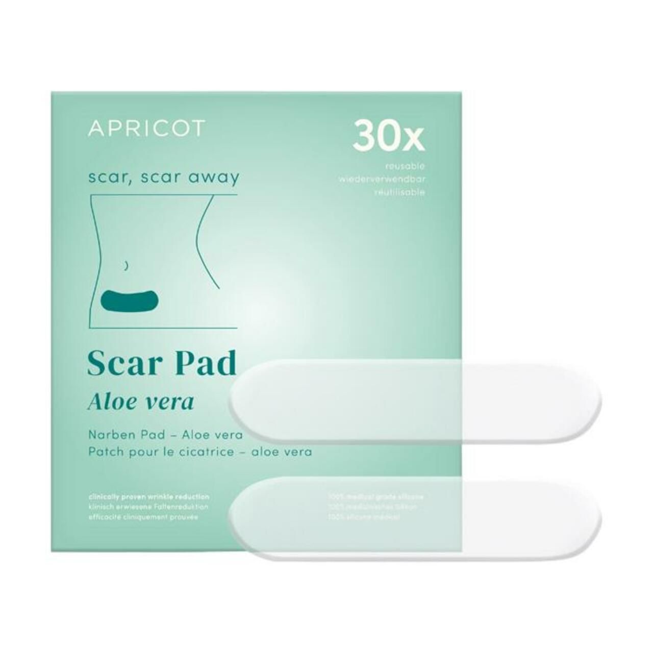 Verpackung mit Narben Pads mit Aloe Vera. Marke APRICOT. 30 Stück. Zwei transparente Pads liegen vor der Verpackung.