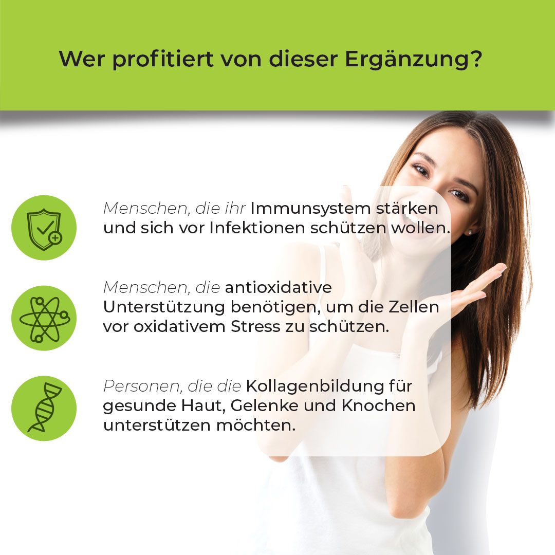 Frau mit Text: Wer profitiert von dieser Ergänzung? Icons und Text über Vorteile: Immunsystem, Antioxidantien, Kollagen.