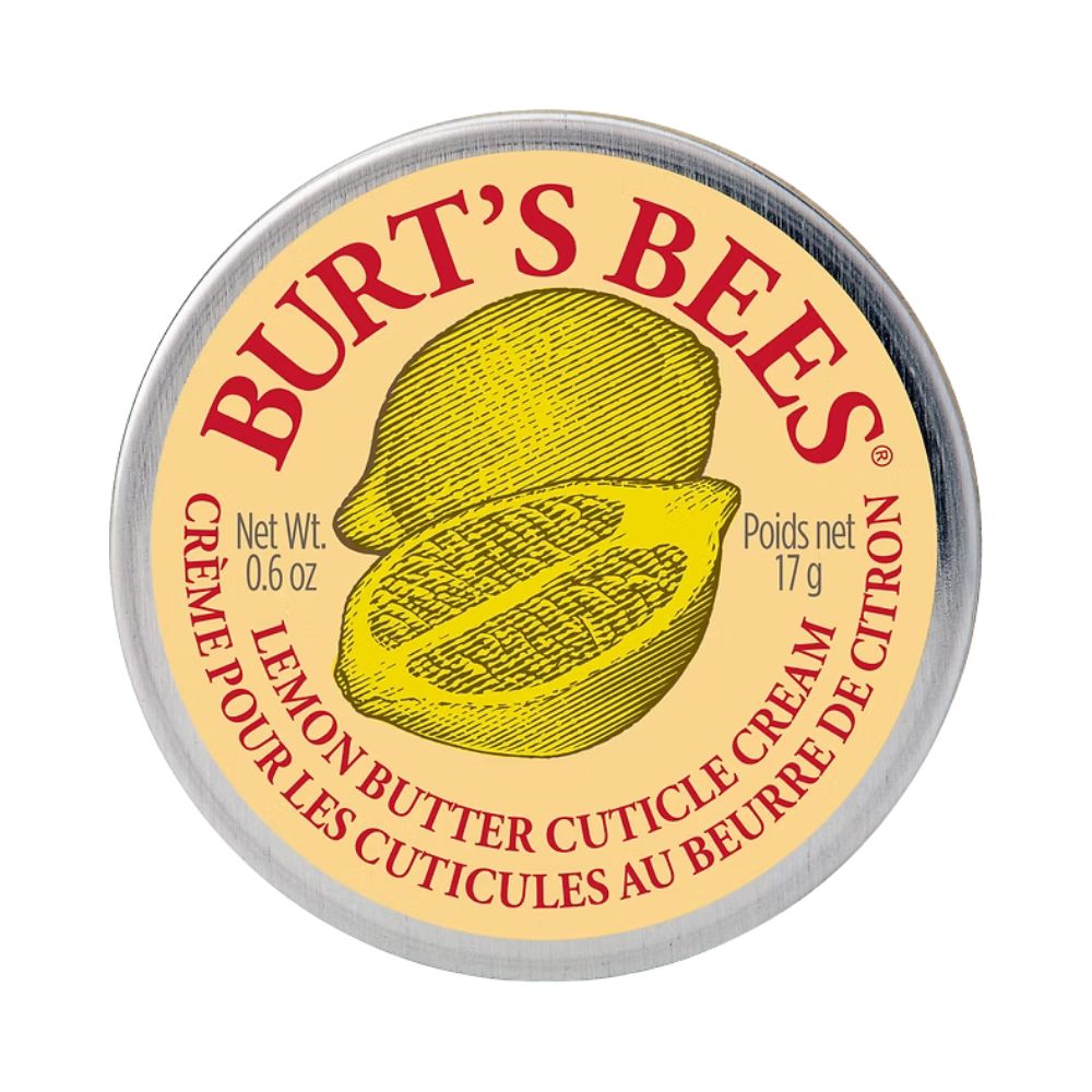 Runde Dose mit Aufschrift BURT'S BEES, Zitrone-Abbildung und Text. Enthält Lemon Butter Cuticle Cream. Gewicht: 17g.