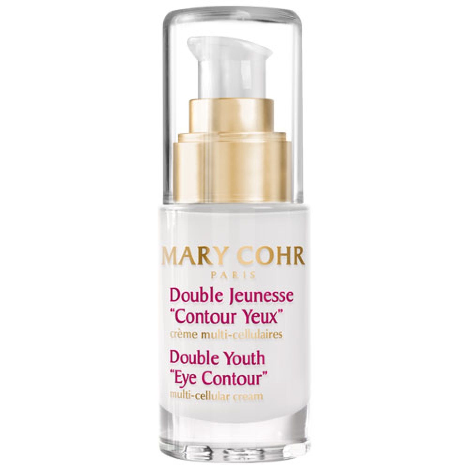 Weißer Flakon mit goldfarbenem Verschluss und Pumpkopf. Beschriftung: MARY COHR PARIS, Double Jeunesse Contour Yeux, Double Youth Eye Contour.