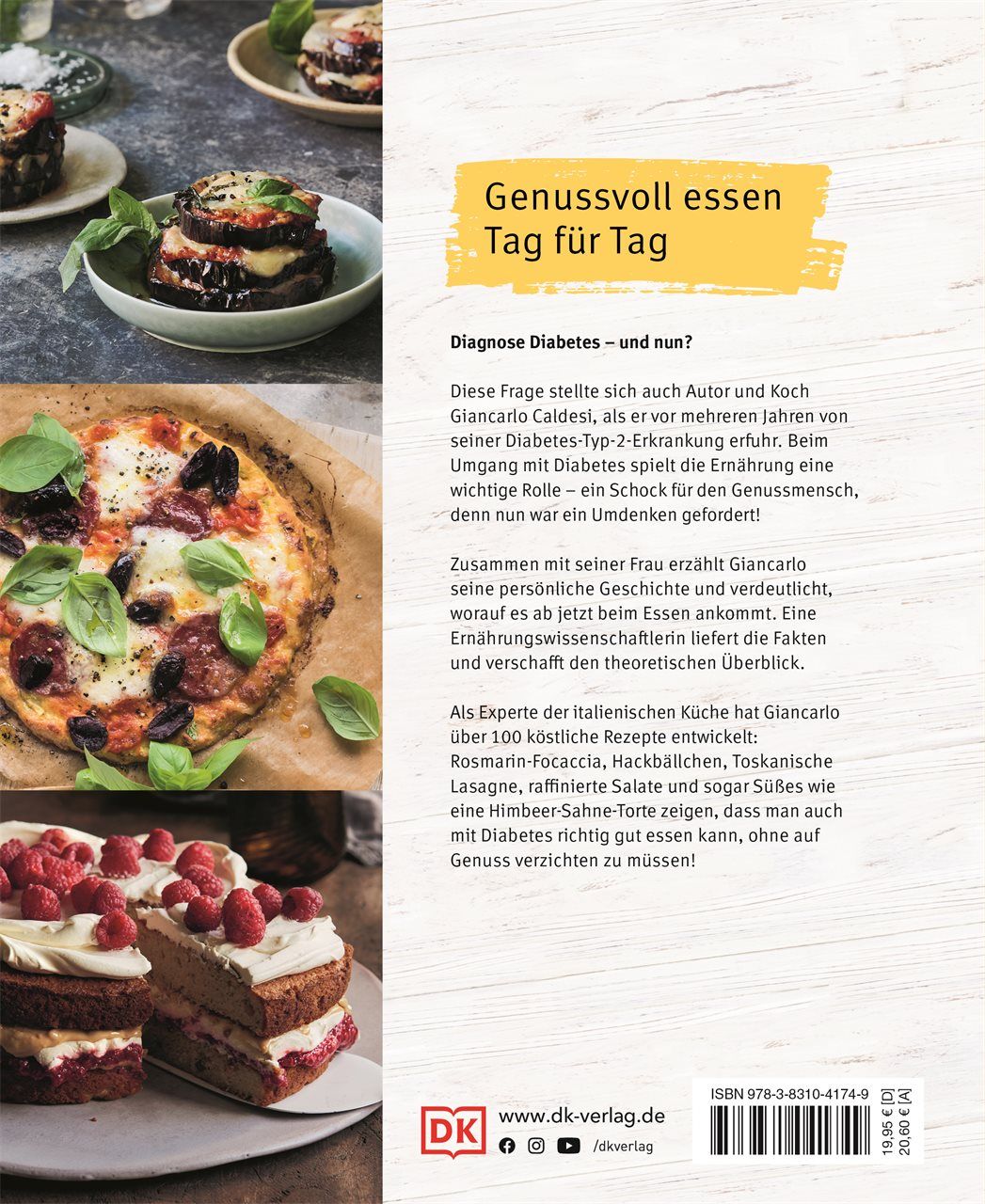 Rückseite des Kochbuchs "Richtig gut kochen bei Diabetes". Text, Fotos von Gerichten, DK-Logo, ISBN-Code.