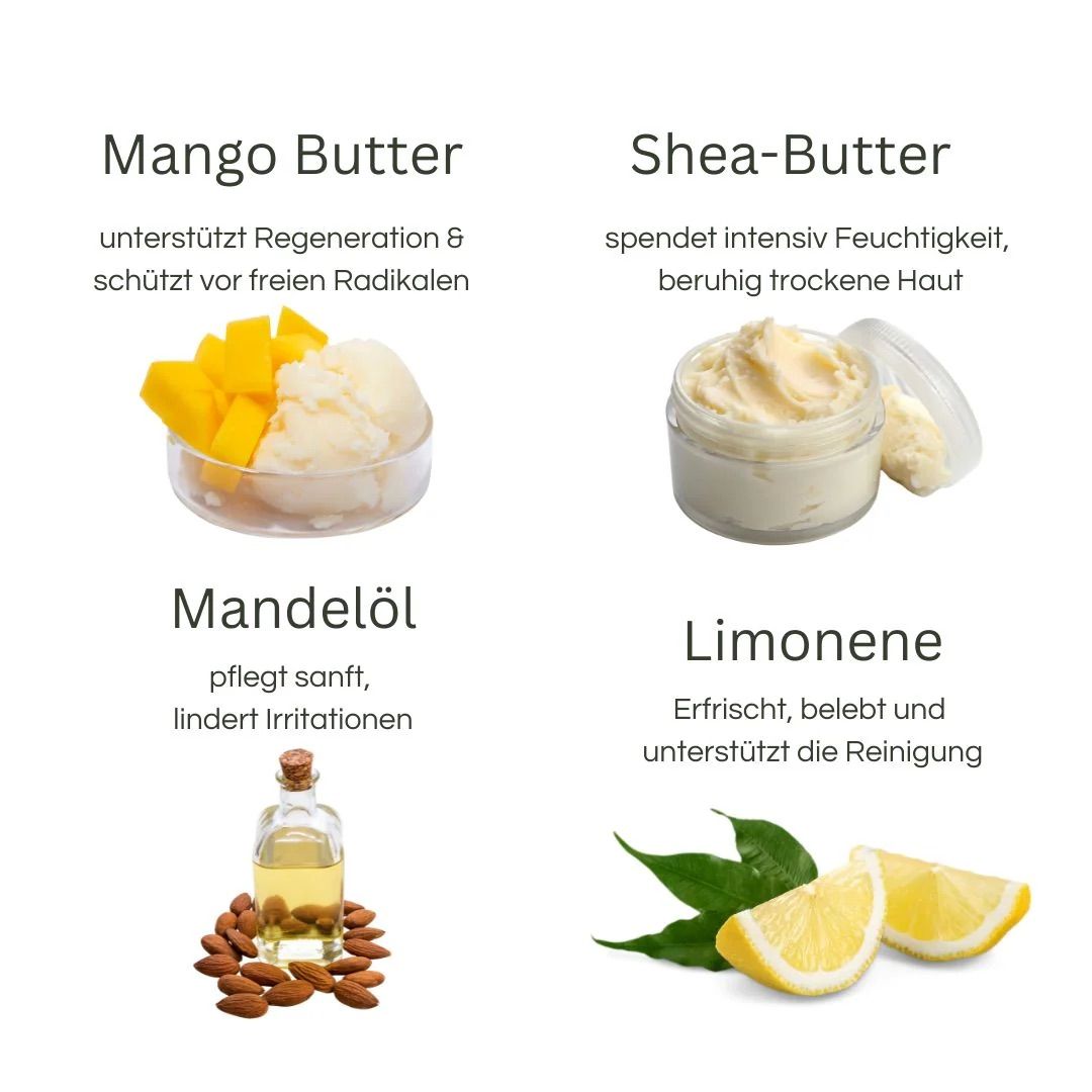 Vier Bilder: Mango, Sheabutter, Mandelöl und Zitrone. Texte beschreiben die Inhaltsstoffe und ihre Wirkung auf die Haut.