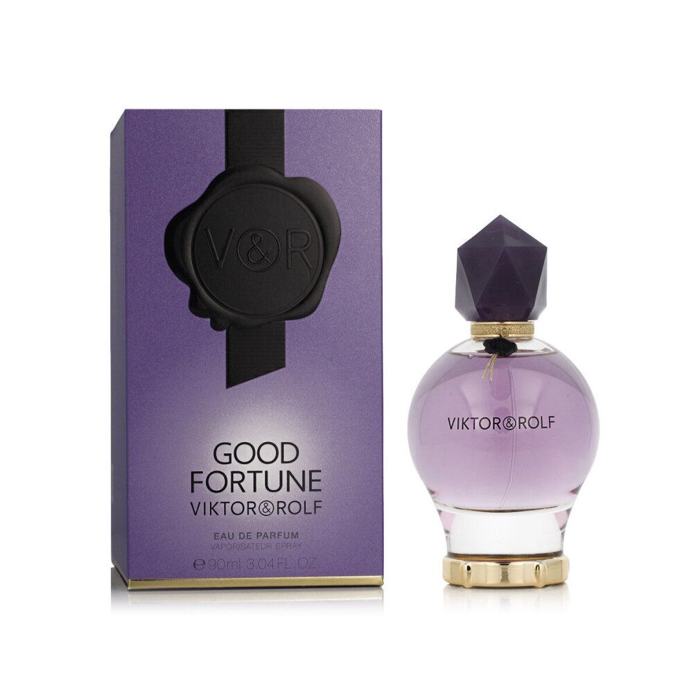 Viktor & Rolf Good Fortune Flakon und Schachtel. Flakon rund, lila, mit Kristallverschluss. Schachtel lila mit schwarzem Siegel.