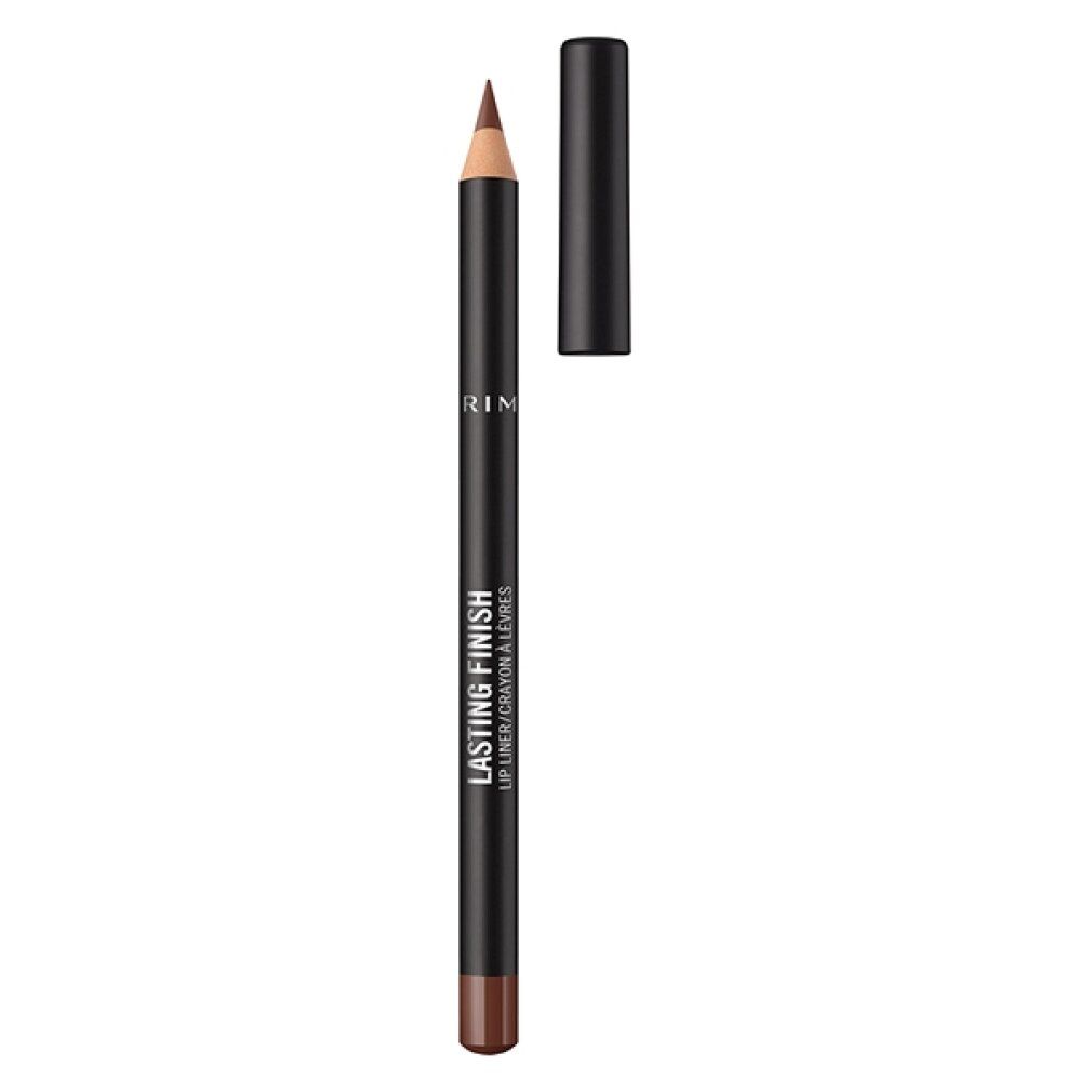 Brauner Lipliner mit schwarzem Stift und Kappe. Aufschrift: Lasting Finish. Marke: Rimmel.