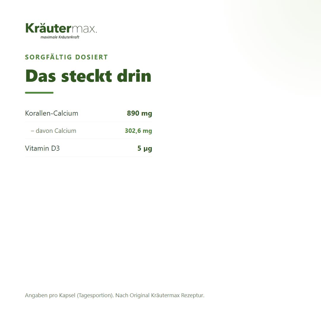 Dosierung: Korallen-Calcium 890 mg, davon Calcium 302,6 mg, Vitamin D3 5 µg pro Kapsel.