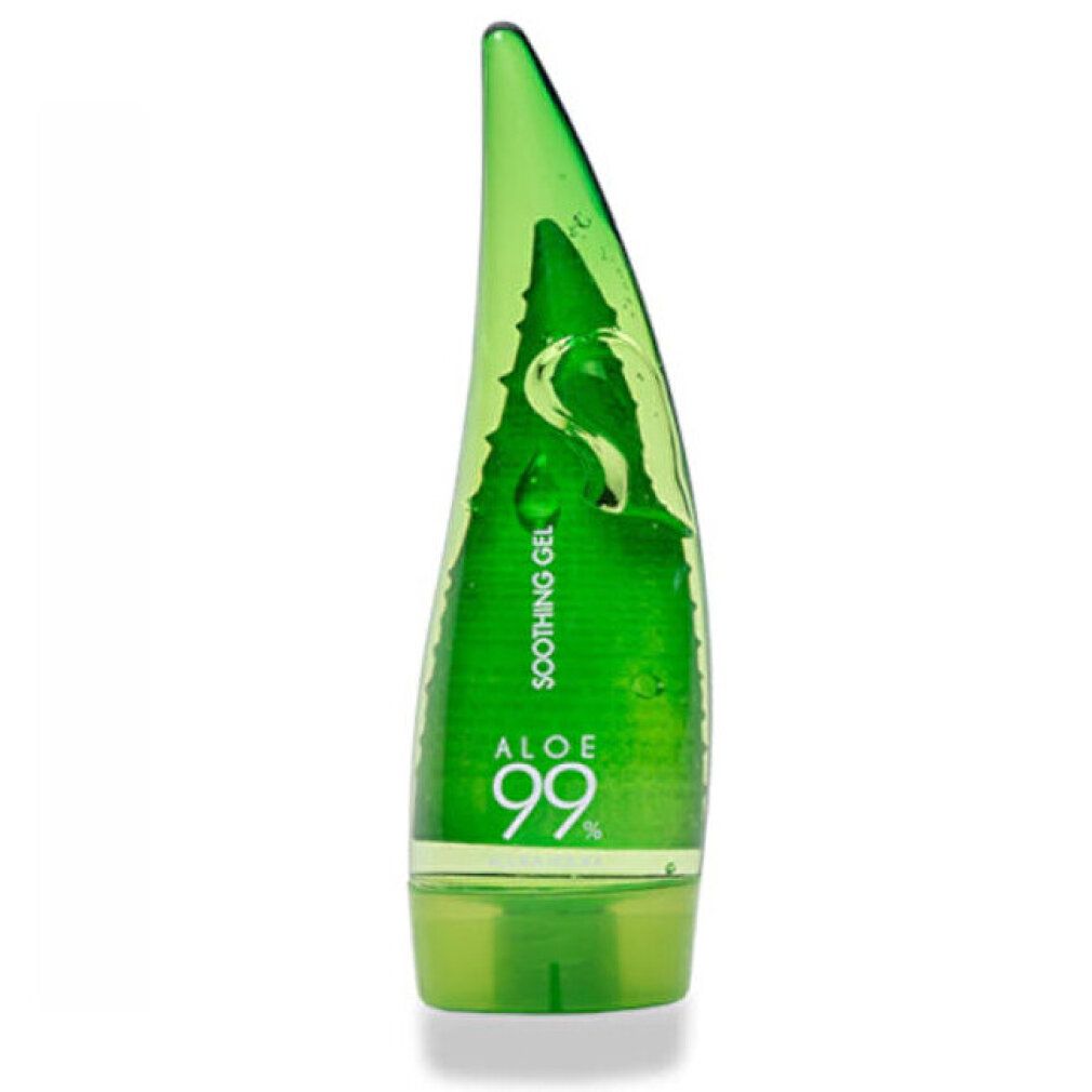 Grüne Flasche mit Aloe 99% beruhigendem Gel, spitz zulaufend.
