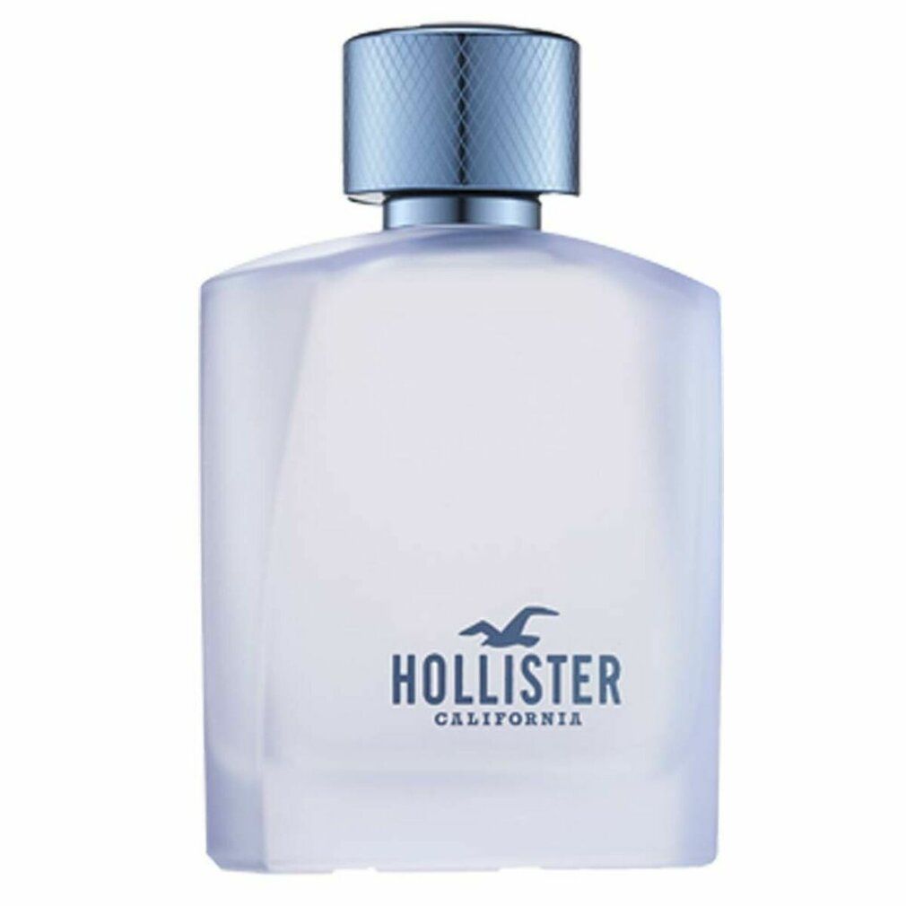 Transparenter Flakon mit blauem Verschluss. Aufschrift: HOLLISTER CALIFORNIA. Logo: Möwe.