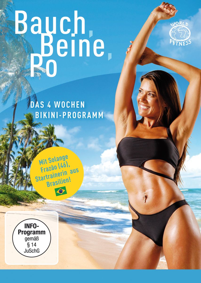 DVD-Hülle mit Titel "Bauch, Beine, Po". Frau in Badeanzug, Arme erhoben. Palmen und blauer Himmel im Hintergrund. Text: "Das 4 Wochen Bikini-Programm".