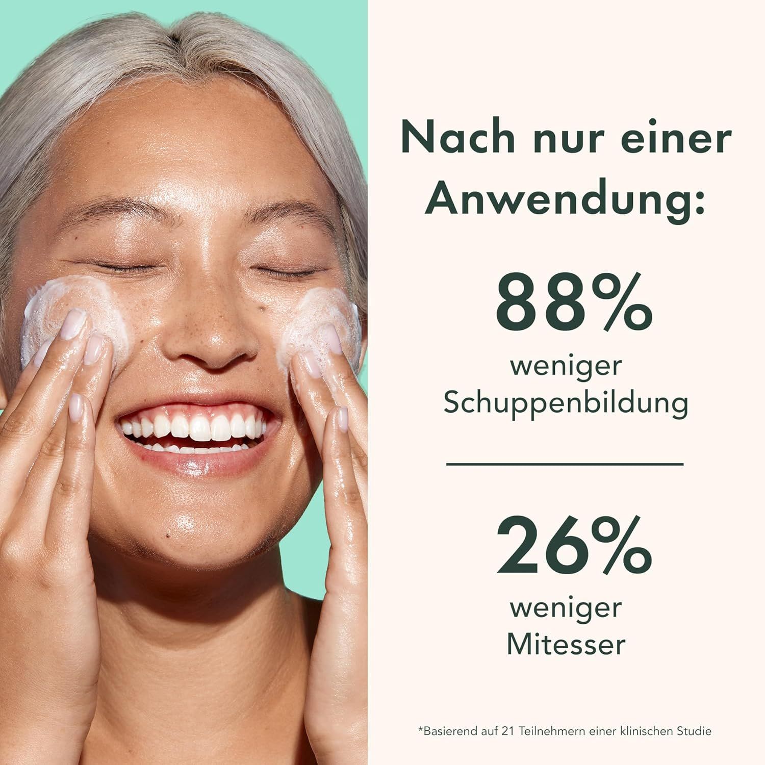 Frau mit Schaum im Gesicht. Text: Nach nur einer Anwendung: 88% weniger Schuppenbildung, 26% weniger Mitesser. Klinische Studienergebnisse.