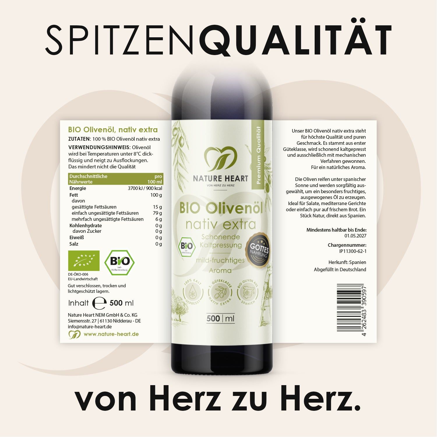 Etikett mit Olivenölflasche. Text: BIO Olivenöl nativ extra, Zutaten, Nährwerte, Mindesthaltbarkeit, Hersteller. Siegel: BIO, Göter.