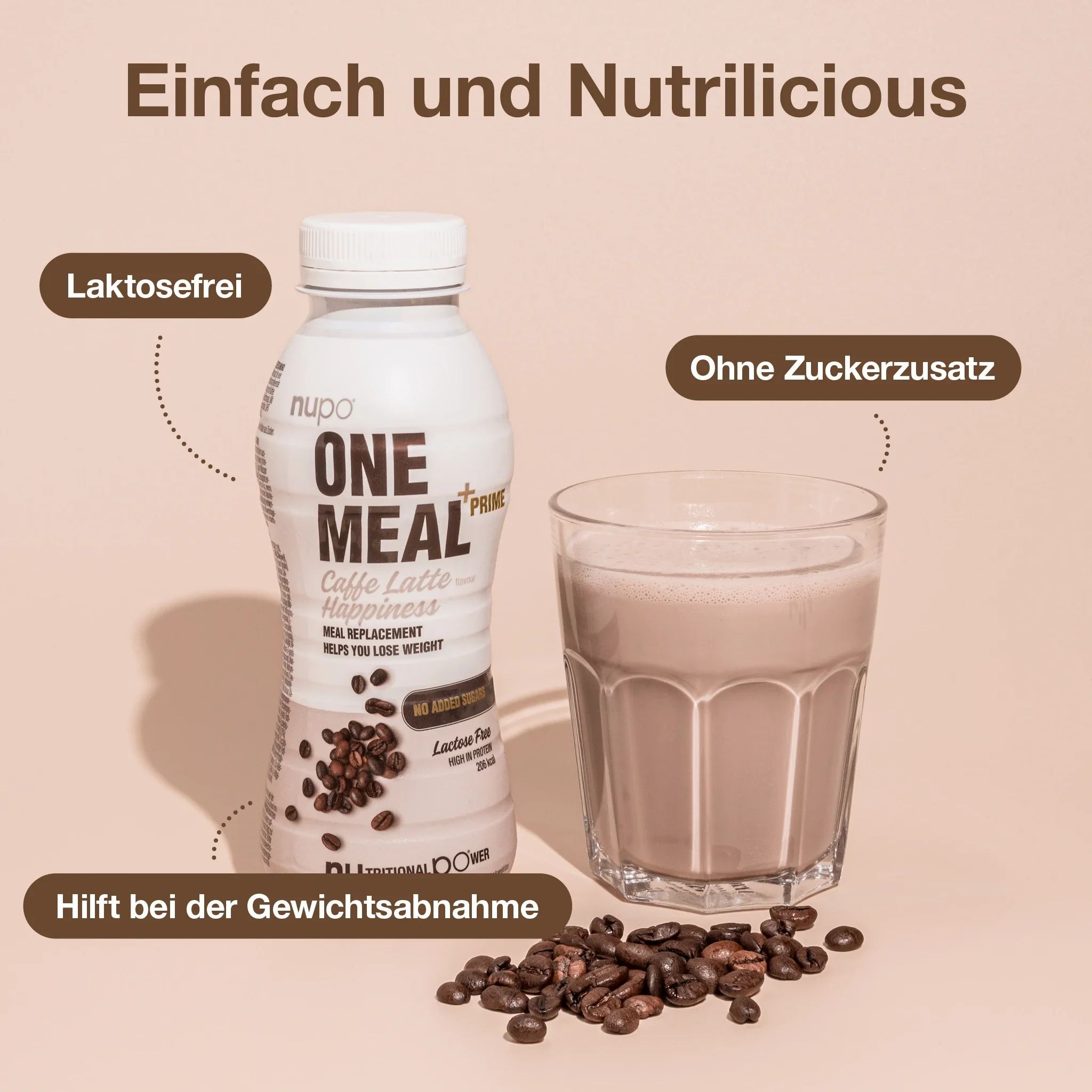 Nupo One Meal +Prime Shake Caffe Latte Happiness. Flasche und Glas mit Shake. Laktosefrei, ohne Zuckerzusatz. Hilft bei Gewichtsabnahme.