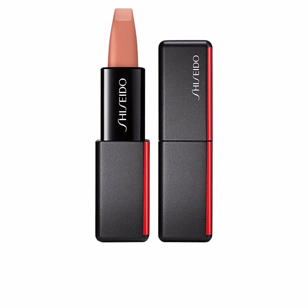 Lippenstift mit schwarzem Gehäuse und rotem Akzent. Der Lippenstift ist hellrosa. Auf dem Gehäuse steht „SHISEIDO“. Der Deckel liegt daneben.