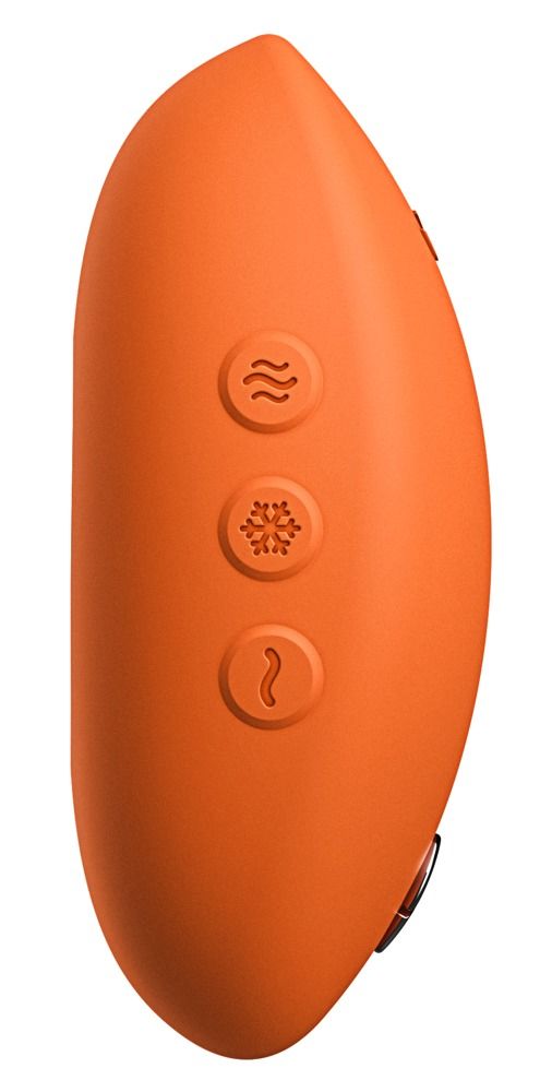 Orangefarbenes, ovales Gerät mit drei Knöpfen. Die Oberfläche ist glatt. Die Form ist ergonomisch.