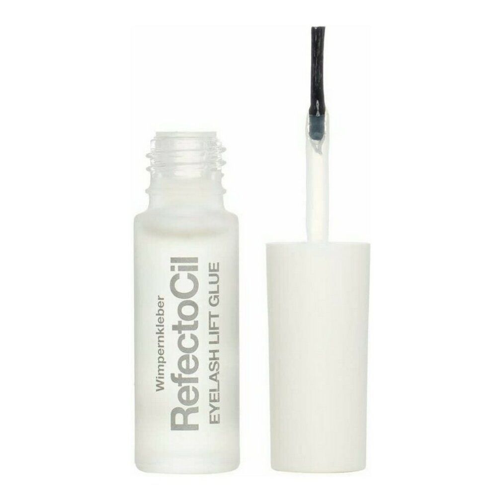 Flasche mit Pinsel. Aufschrift: RefectoCil Wimpernkleber, Eyelash Lift Glue. Pinsel mit schwarzer Borste.
