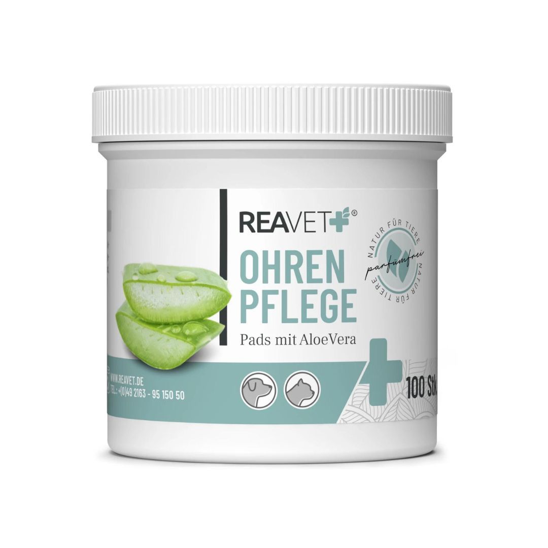 Weiße Dose mit Deckel. Aufschrift: REAVET, Ohren Pflege, Pads mit Aloe Vera. Aloe Vera-Abbildung.
