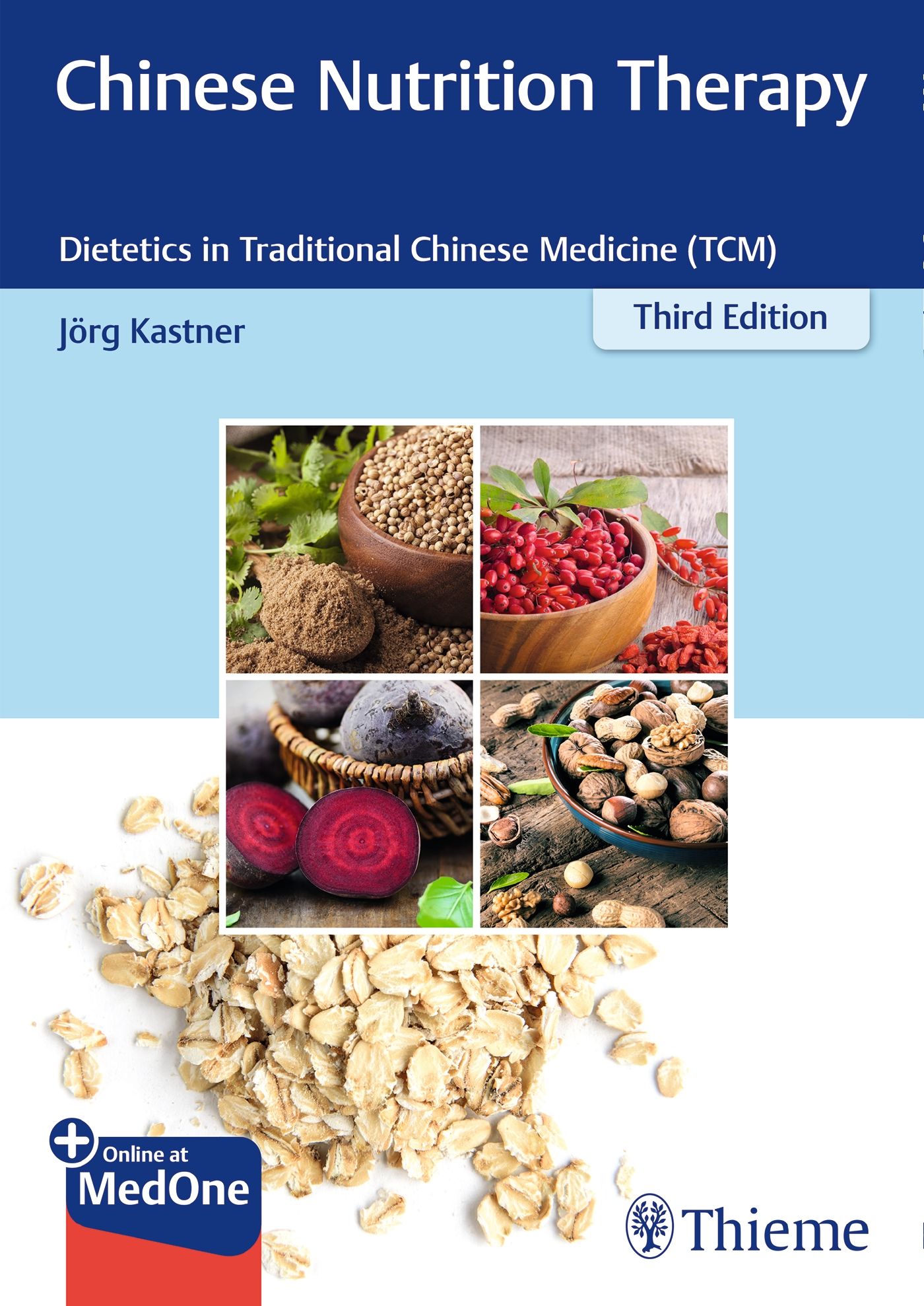 Buchcover: Chinese Nutrition Therapy. Autor: Jörg Kastner. Enthält Abbildungen von Lebensmitteln. Verlag Thieme.