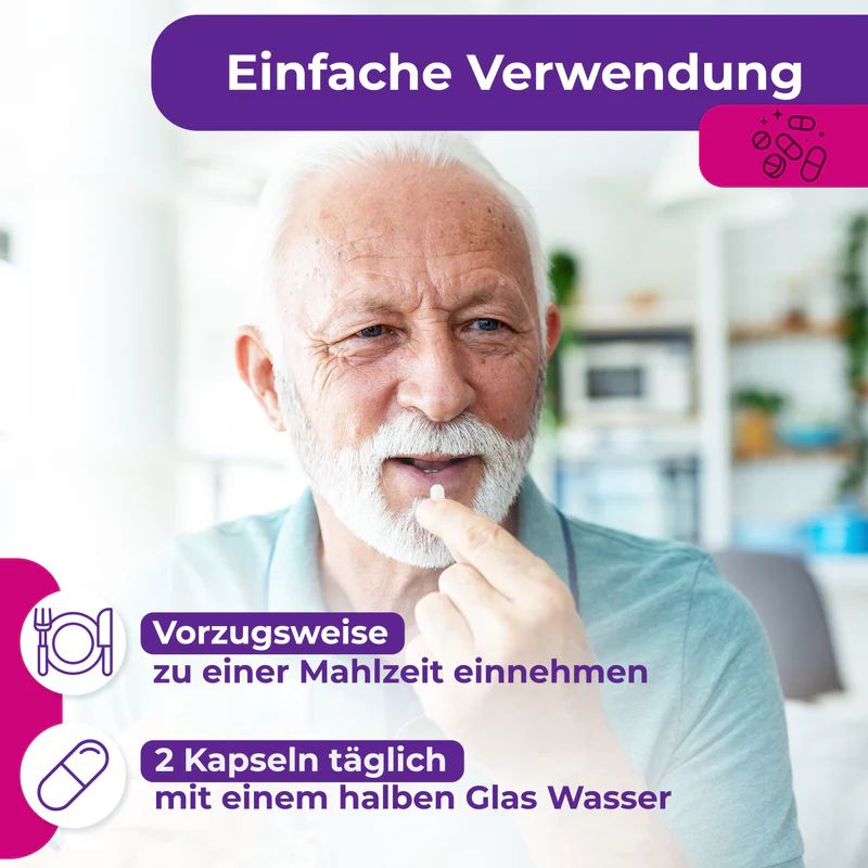 Mann nimmt Kapsel. Text: Einfache Verwendung. Einnahme zu einer Mahlzeit, 2 Kapseln täglich mit Wasser. NutriSolution EH-5.