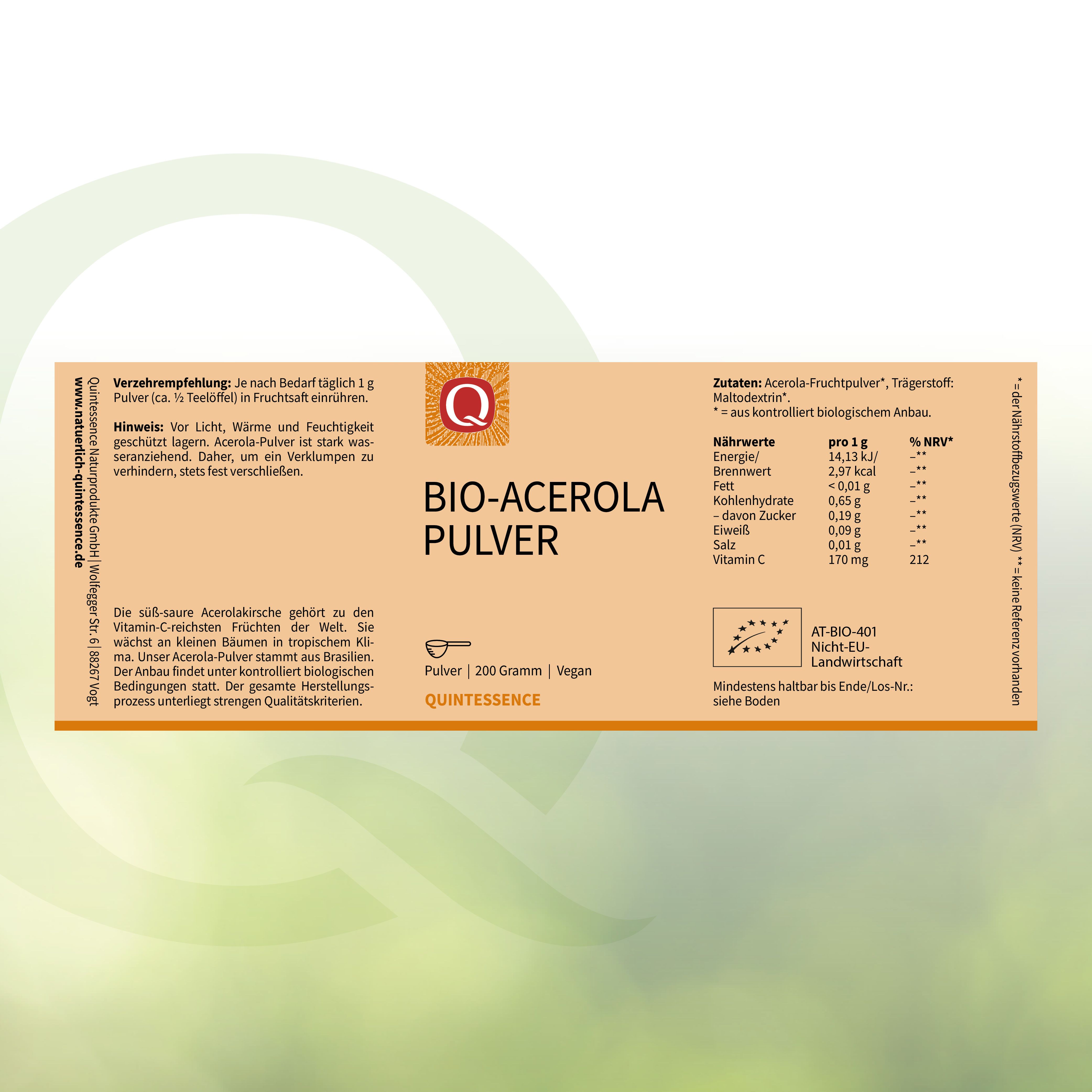 Etikett mit "BIO-ACEROLA PULVER", "200 Gramm" und "QUINTESSENCE". Logo und Text.