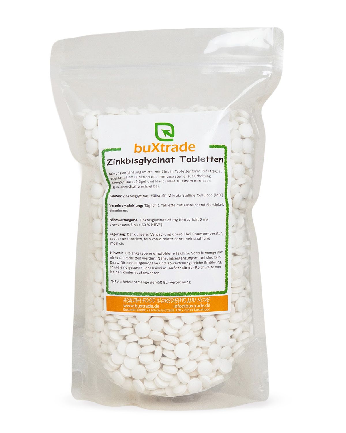 Bags of buXtrade Zinkbisglycinat Tabletten, a dietary supplement.