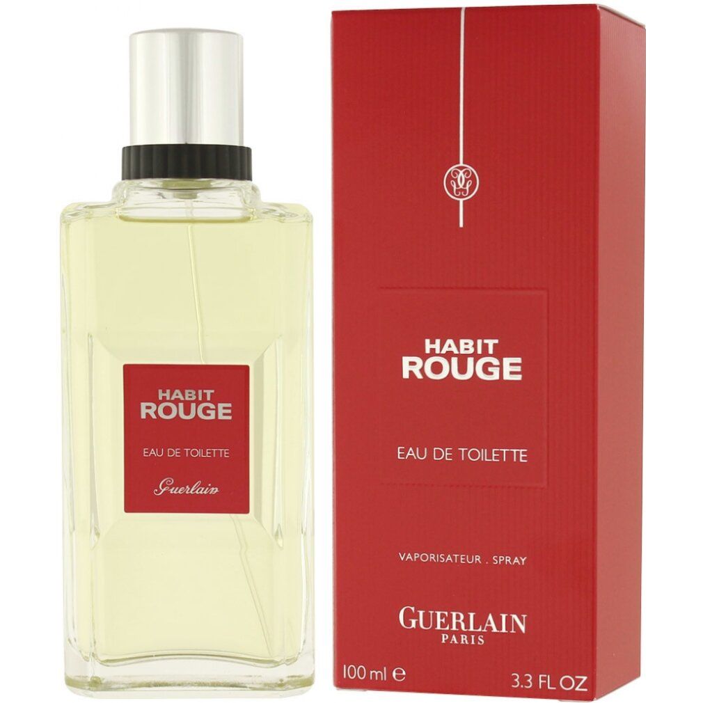 Flakon und rote Verpackung. Flakon mit rotem Etikett "HABIT ROUGE". Verpackung mit Logo und Text.