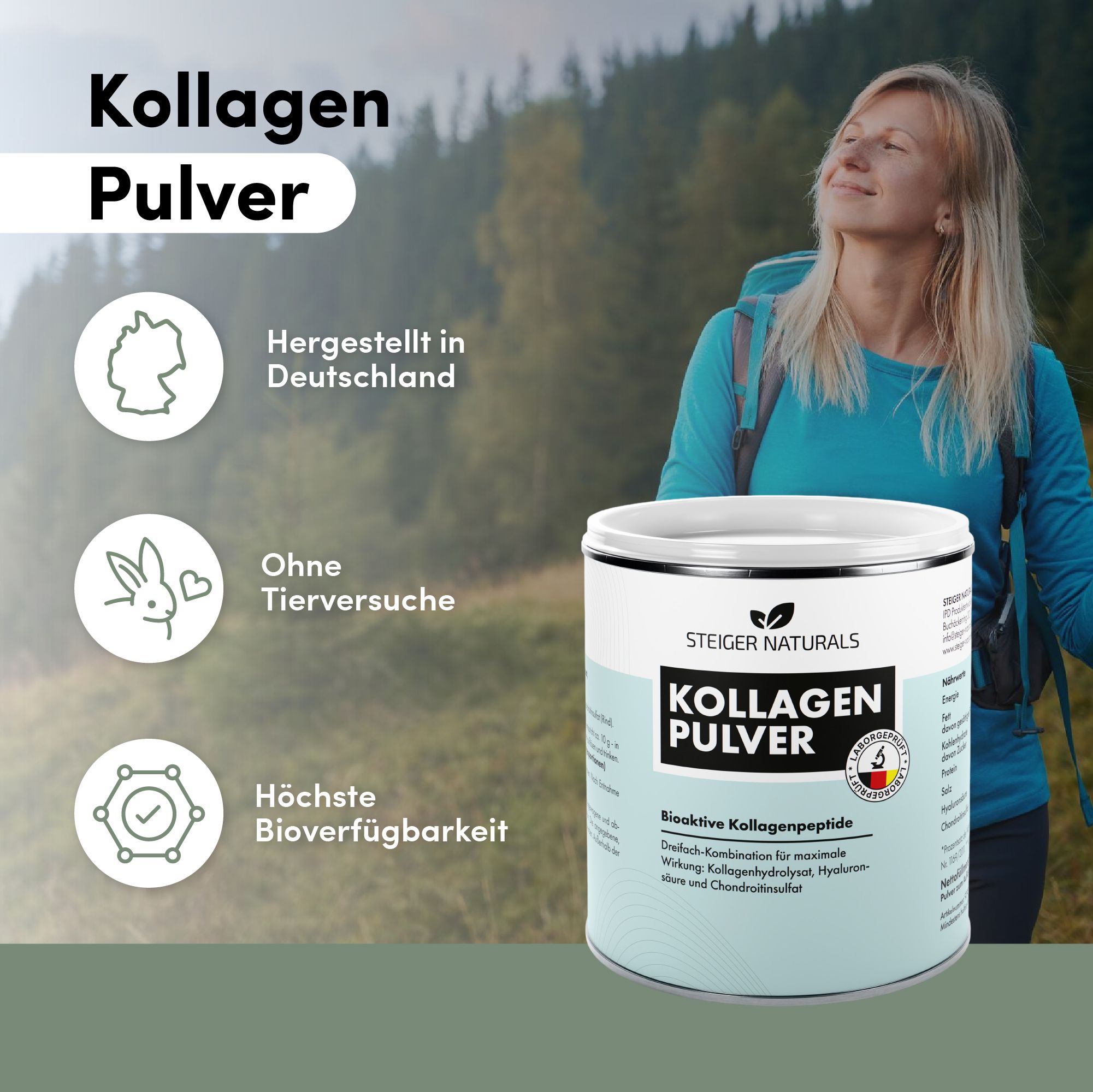 Dose Steiger Naturals Kollagen Pulver. Hergestellt in Deutschland. Ohne Tierversuche. Höchste Bioverfügbarkeit. Frau im Hintergrund.