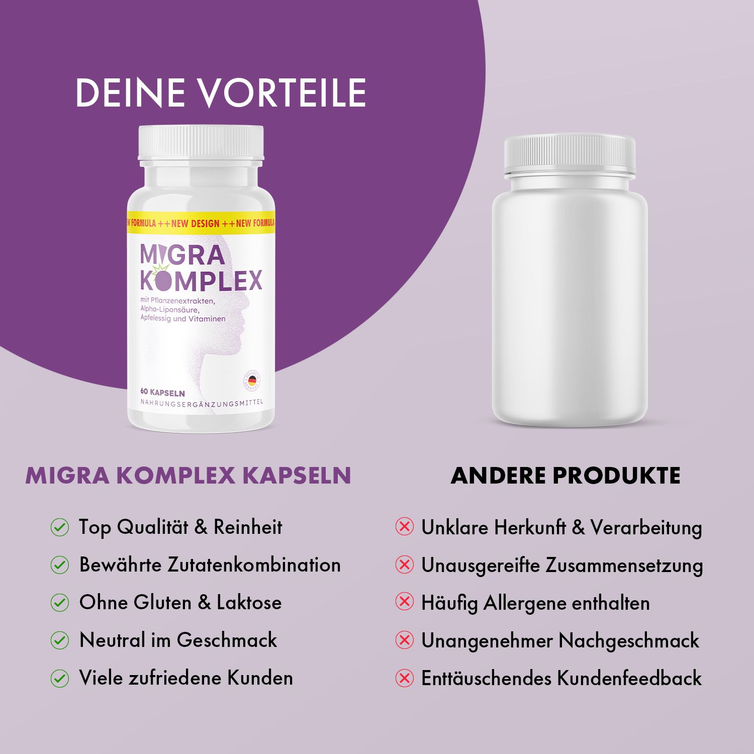 Vergleich von Migra Komplex Kapseln und anderen Produkten. Vorteile: Top Qualität, ohne Gluten, etc. Nachteile: Unklare Herkunft, etc.