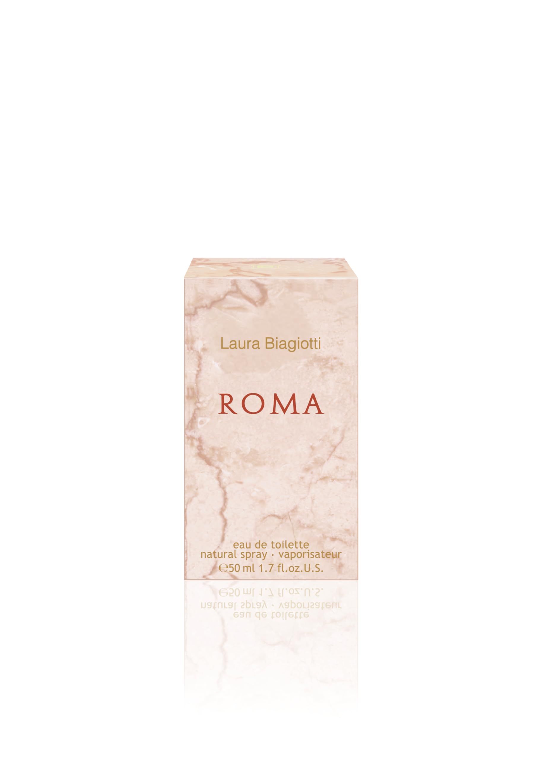 Parfümbox mit Schriftzug Roma. Rosa Marmordesign. Marke Laura Biagiotti.