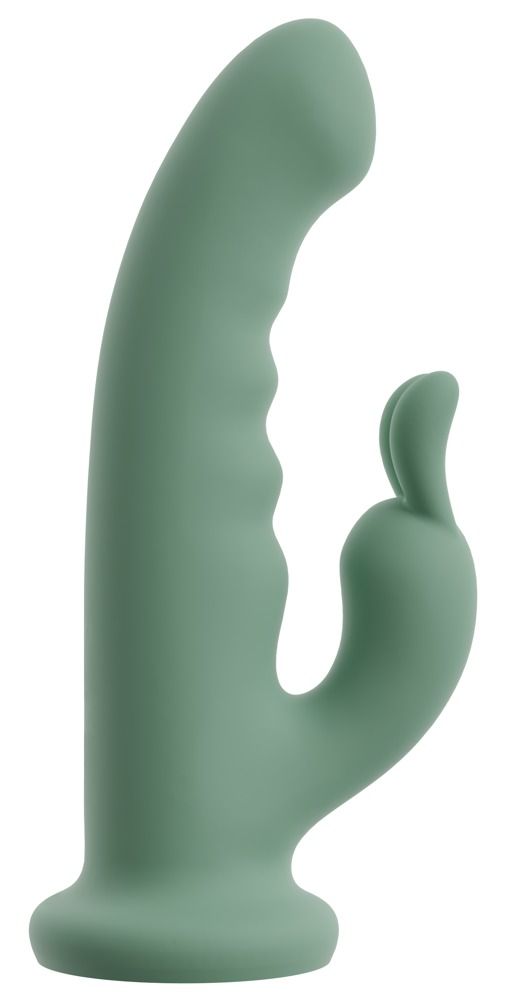 Grüner Vibrator mit Hasenohren-Design. Ergonomische Form mit geriffelter Oberfläche und abgerundeter Basis.
