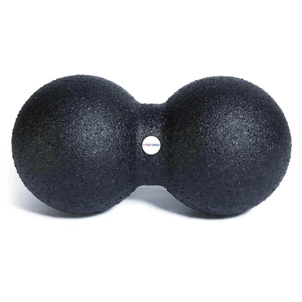 Schwarzer DUOBALL Faszienball. Zwei verbundene Kugeln mit rauer Oberfläche. Kleines Logo auf der Oberfläche.