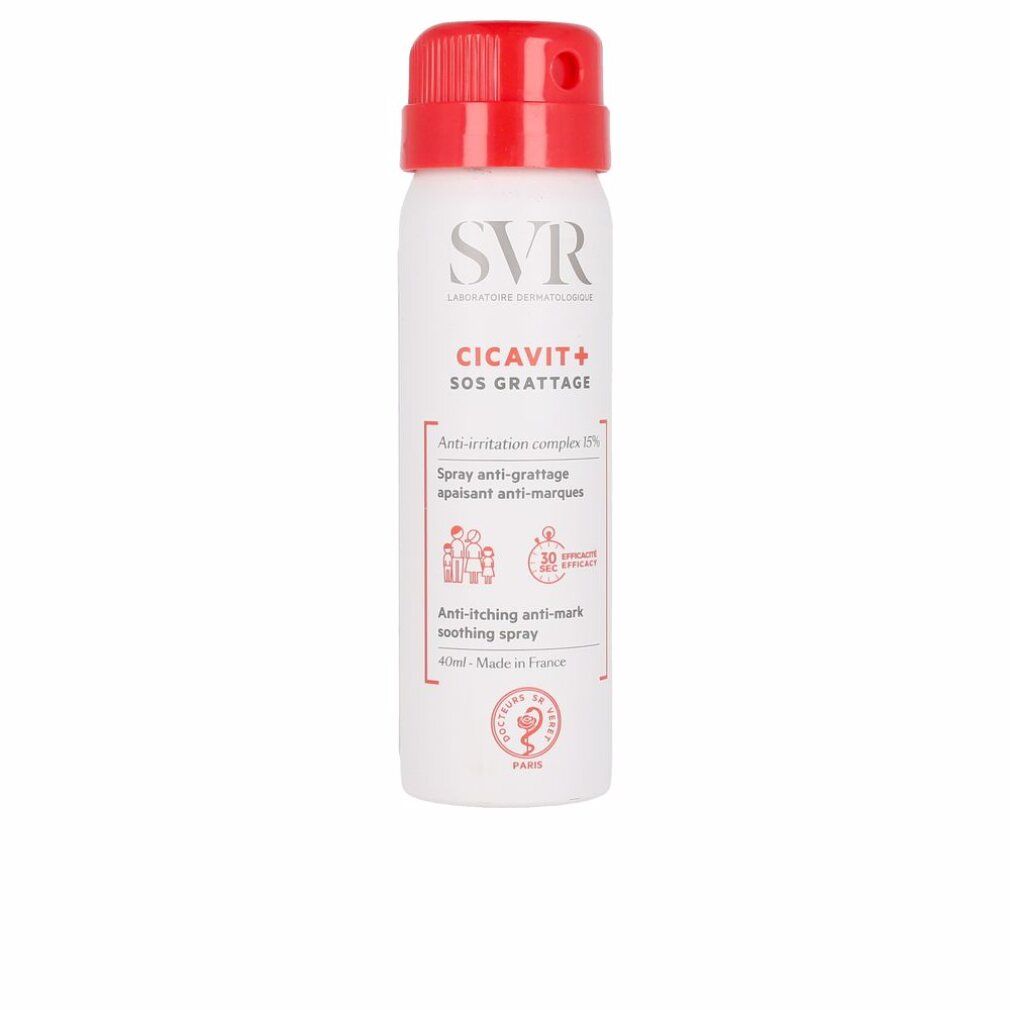 SVR CICAVIT+ SOS GRATTAGGE Spray. Weiße Flasche mit rotem Sprühkopf. Text: Anti-Juckreiz, Anti-Marken. Logo.