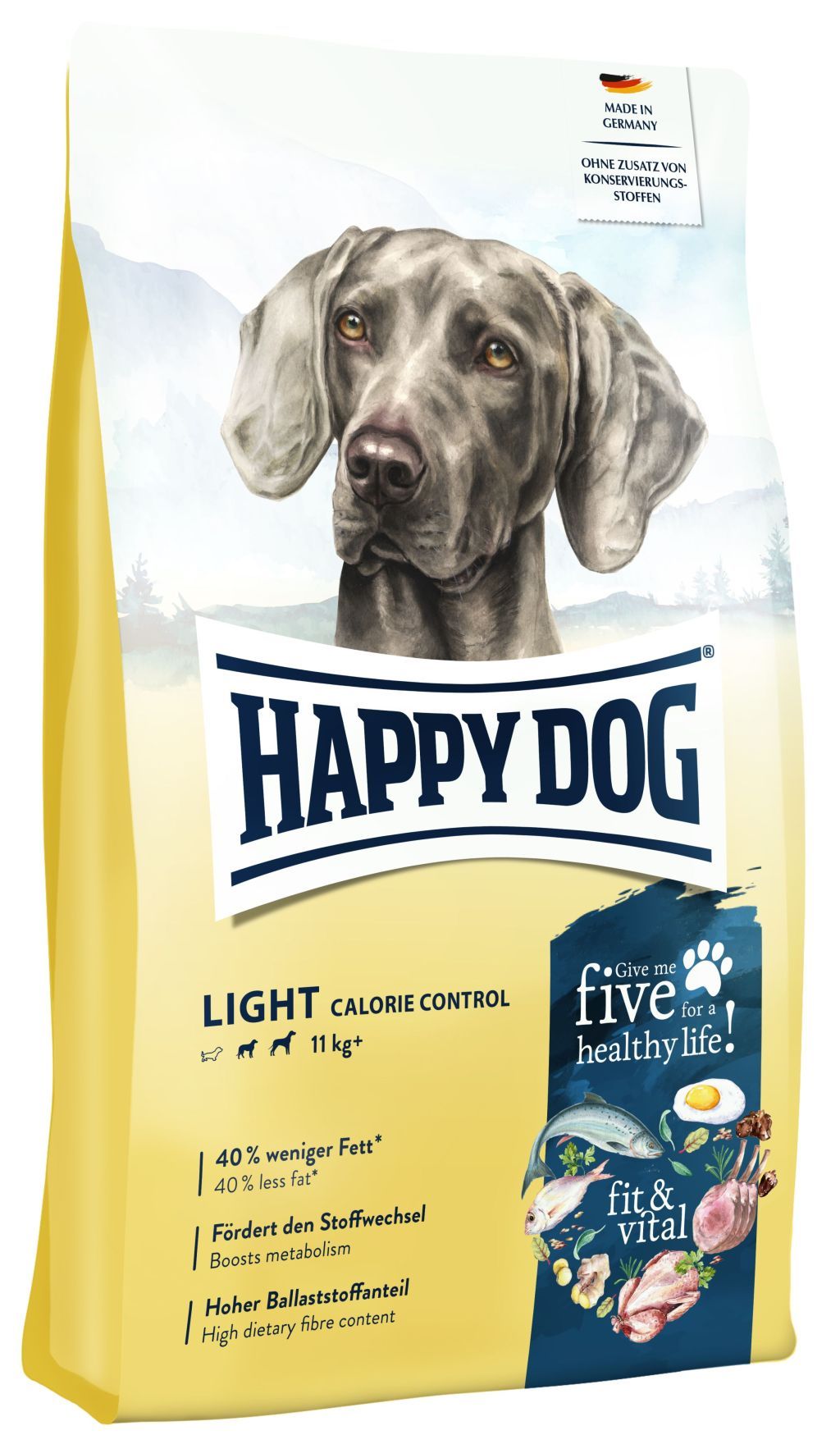 Happy Dog Light Calorie Control Hundefutter-Packung mit Hundegesicht und Nährwertangaben.