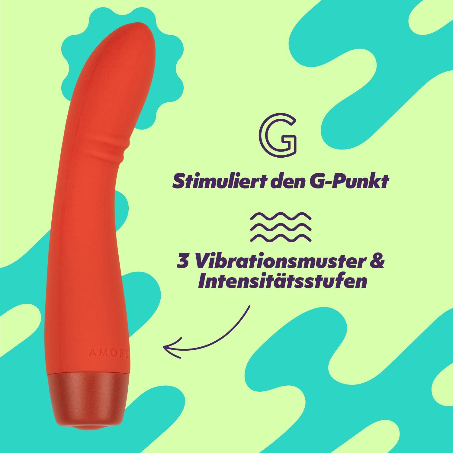 Roter Vibrator mit G-Punkt-Stimulation. Text: 3 Vibrationsmuster & Intensitätsstufen.
