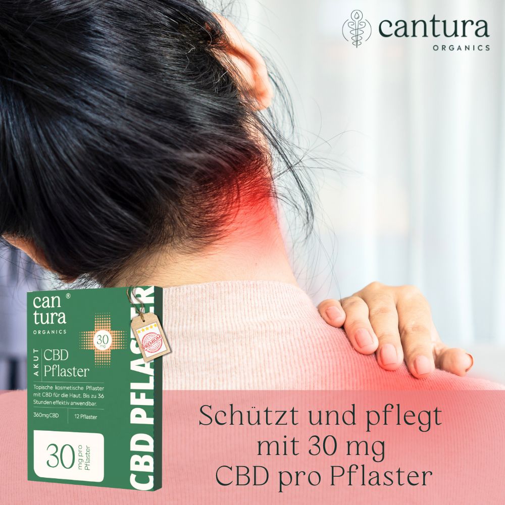 Roter Bereich am Nacken einer Person. Produktverpackung im Bild. Text: Schützt und pflegt mit 30 mg CBD pro Pflaster.