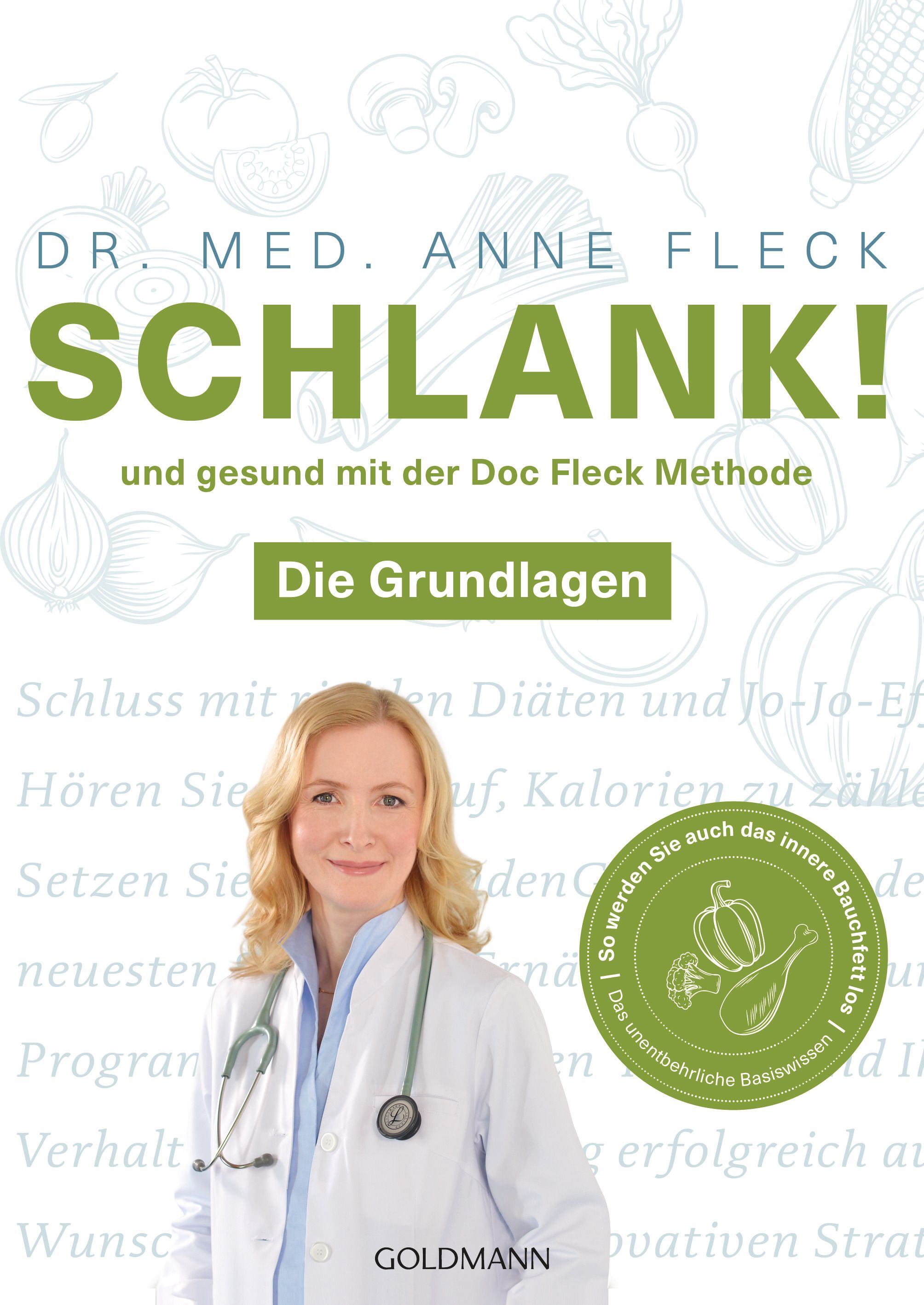 Buchcover mit Titel SCHLANK! und Autorin Dr. med. Anne Fleck. Frau im weißen Kittel mit Stethoskop.