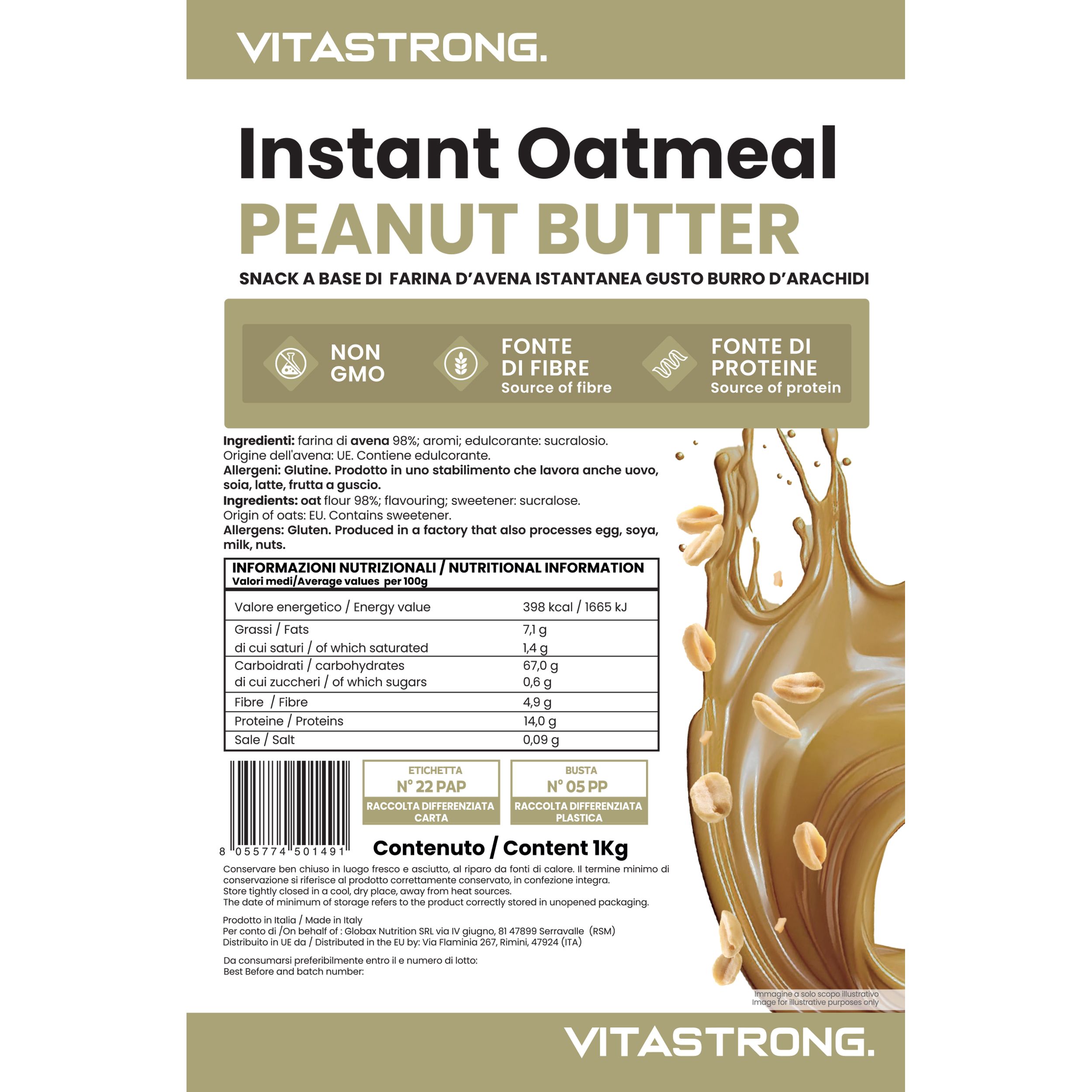 Verpackung von Instant Oatmeal Peanut Butter. Enthält Nährwertangaben und Zutatenliste. Mit Erdnuss- und Haferflocken-Illustration.