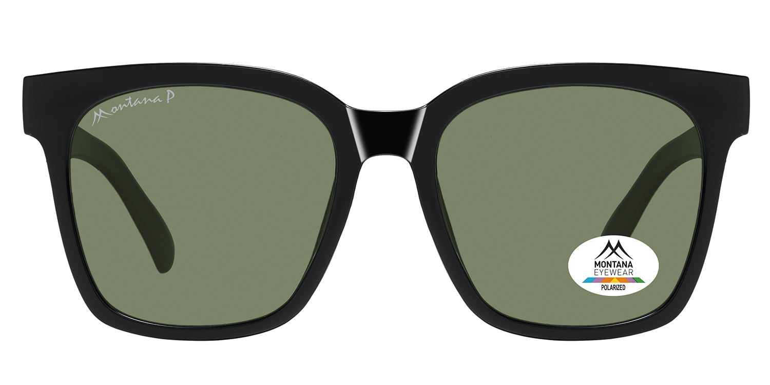 Schwarze Sonnenbrille mit grünen Gläsern. Montana Eyewear Logo auf dem linken Bügel und einem Glas. Polarisiert.