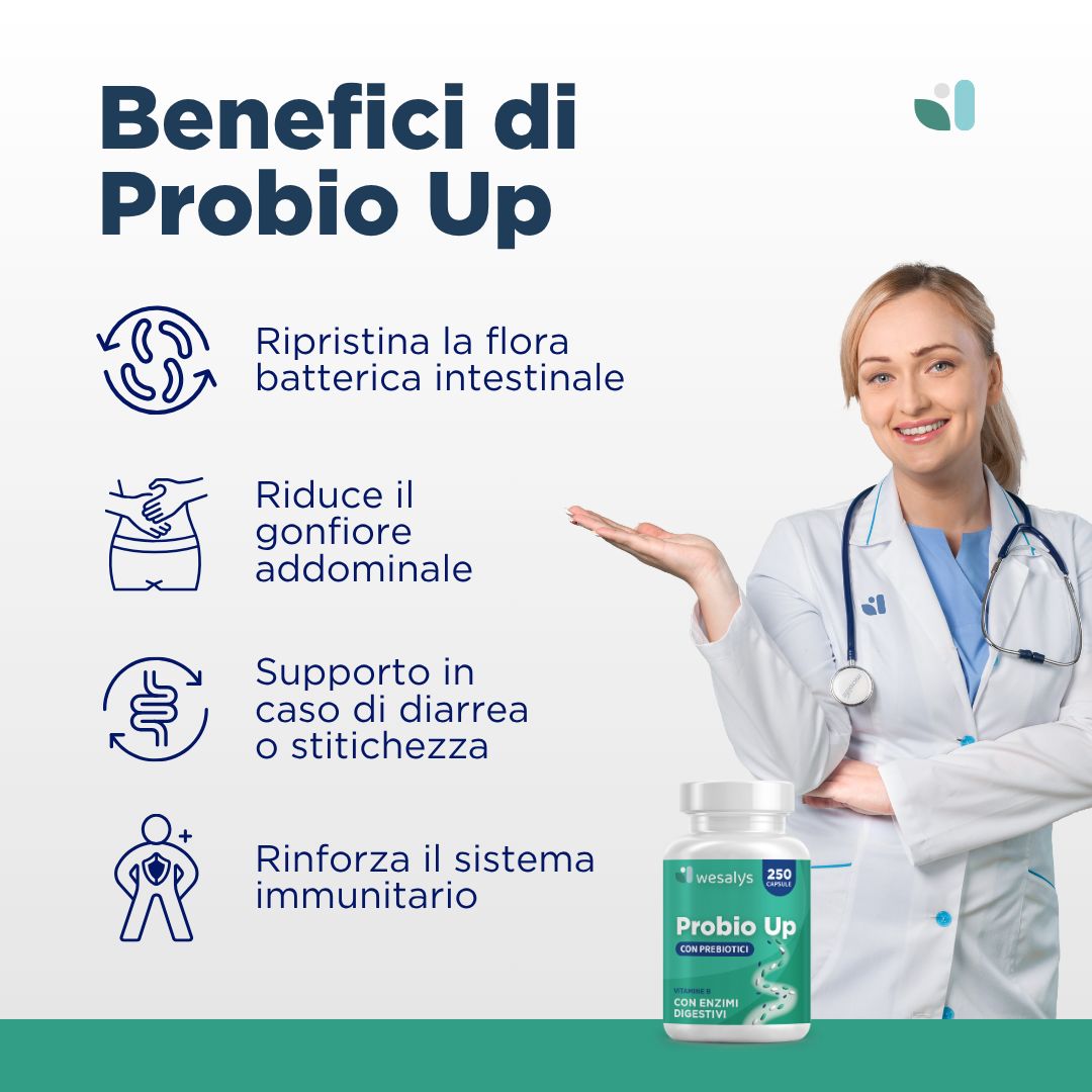 Ärztin zeigt Flasche Probio Up. Text: Vorteile von Probio Up. Illustrationen zu Darmgesundheit.