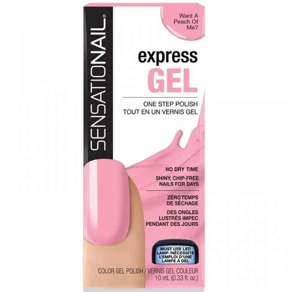 Verpackung von Sensationail Express-Gel-Nagellack. Rosa Nagellack-Farbe. Enthält Informationen zu Eigenschaften und Anwendung.
