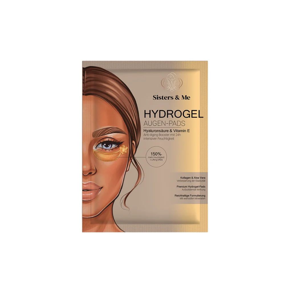 Emballage de coussinets pour les yeux. Inscription: Sisters & Me, Hydrogel Augen-Pads mit Hyaluronsäure & Vitamin E. Illustration d'un visage.