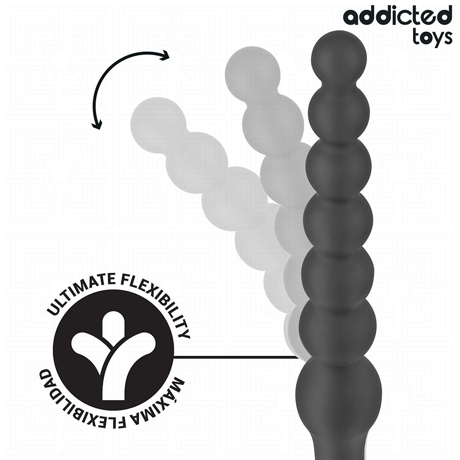 Schwarzer Analplug mit kugelförmigen Elementen. Text: Ultimate Flexibility, Maxima Flexibilidad. Marke: Addicted Toys.