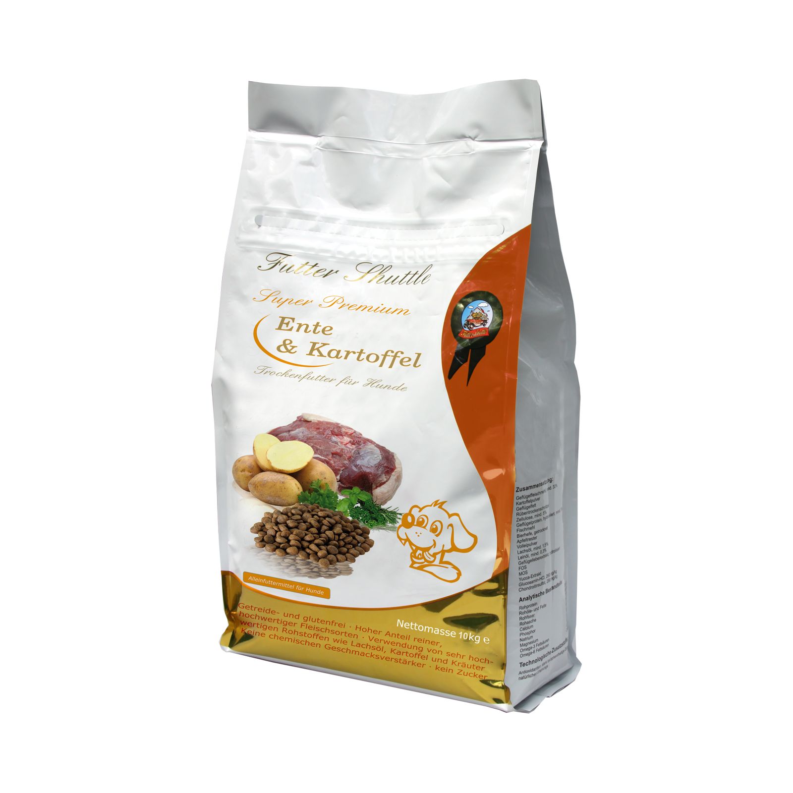 Hundefutter-Beutel mit Ente & Kartoffel. Abbildung von Fleisch, Kartoffeln und Futter. Text: Futter Shuttle, Super Premium, getreidefrei.