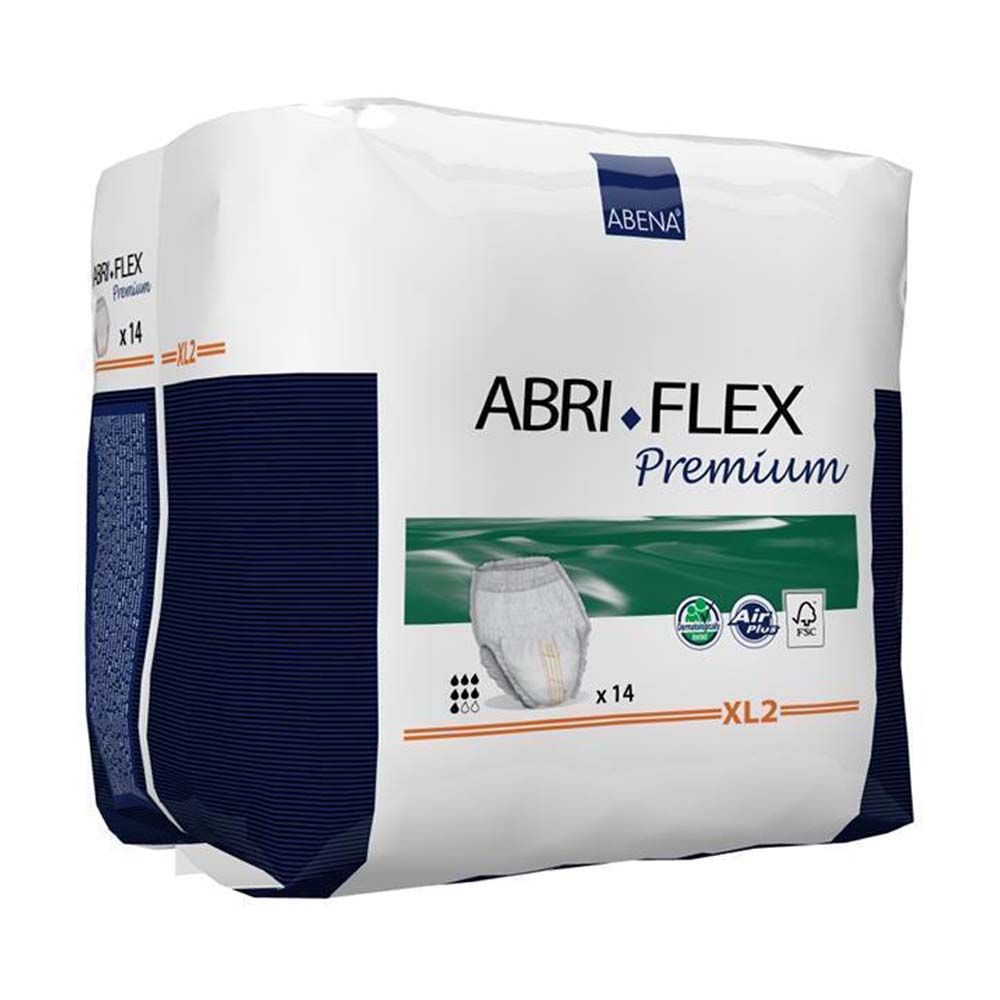 Verpackung mit Inkontinenzprodukten. Aufschrift: Abena Abri-Flex Premium, XL2. Mit Air Plus und FSC-Siegel.
