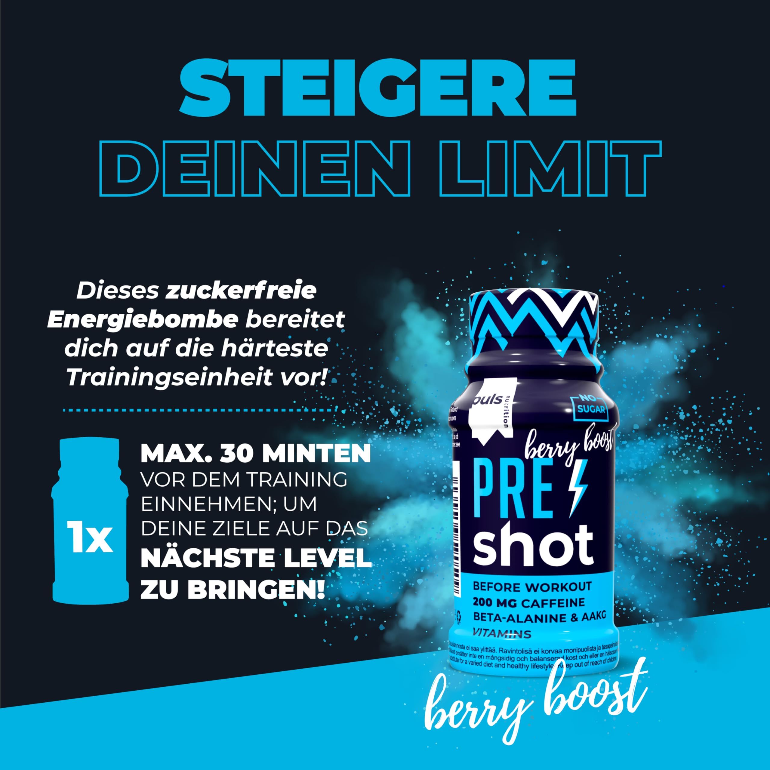 Flasche mit zuckerfreiem Pre-Workout-Shot in Beerengeschmack.