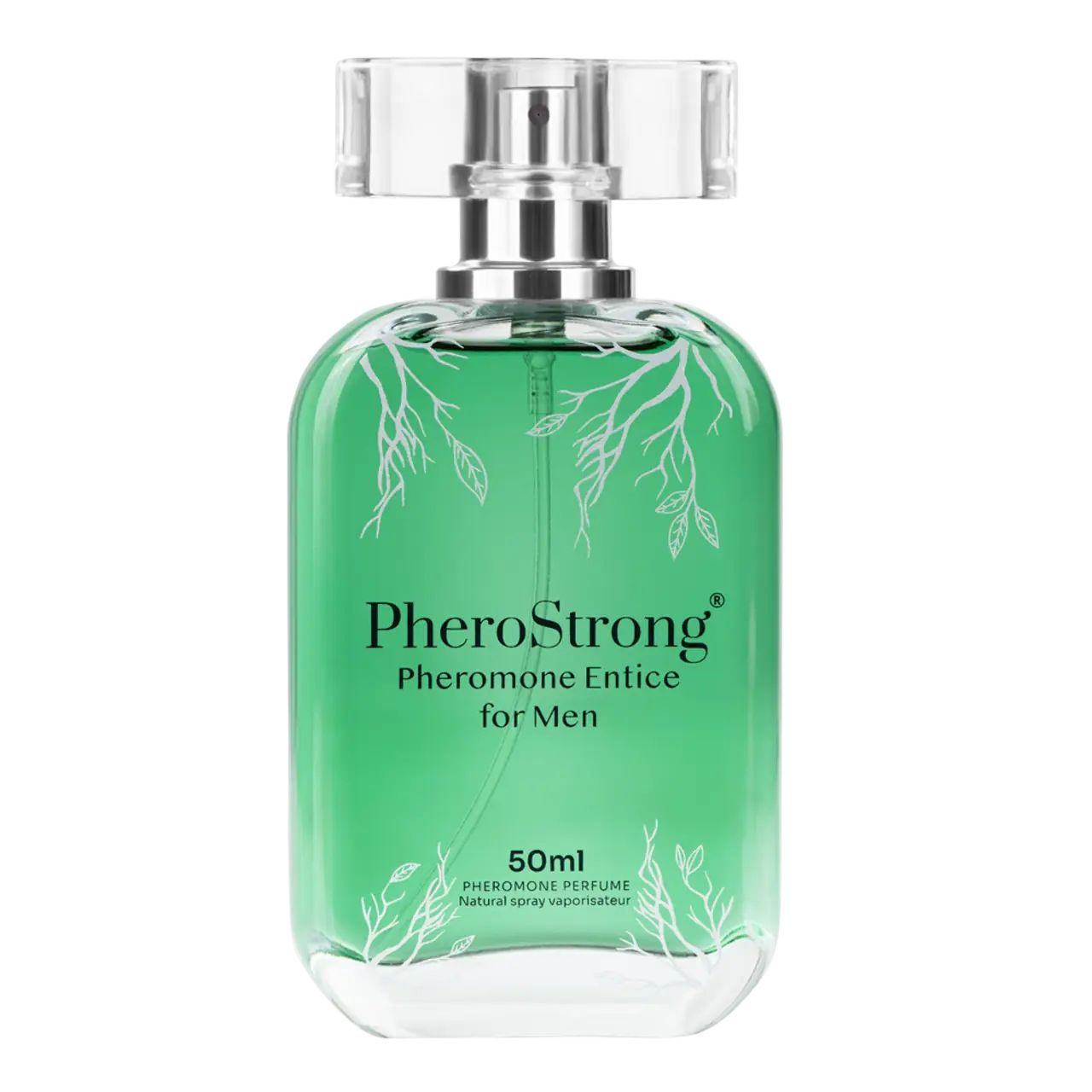 Grüne Flasche mit Aufschrift: PheroStrong Pheromone Entice for Men. 50ml. Natürlicher Spray-Verdampfer.