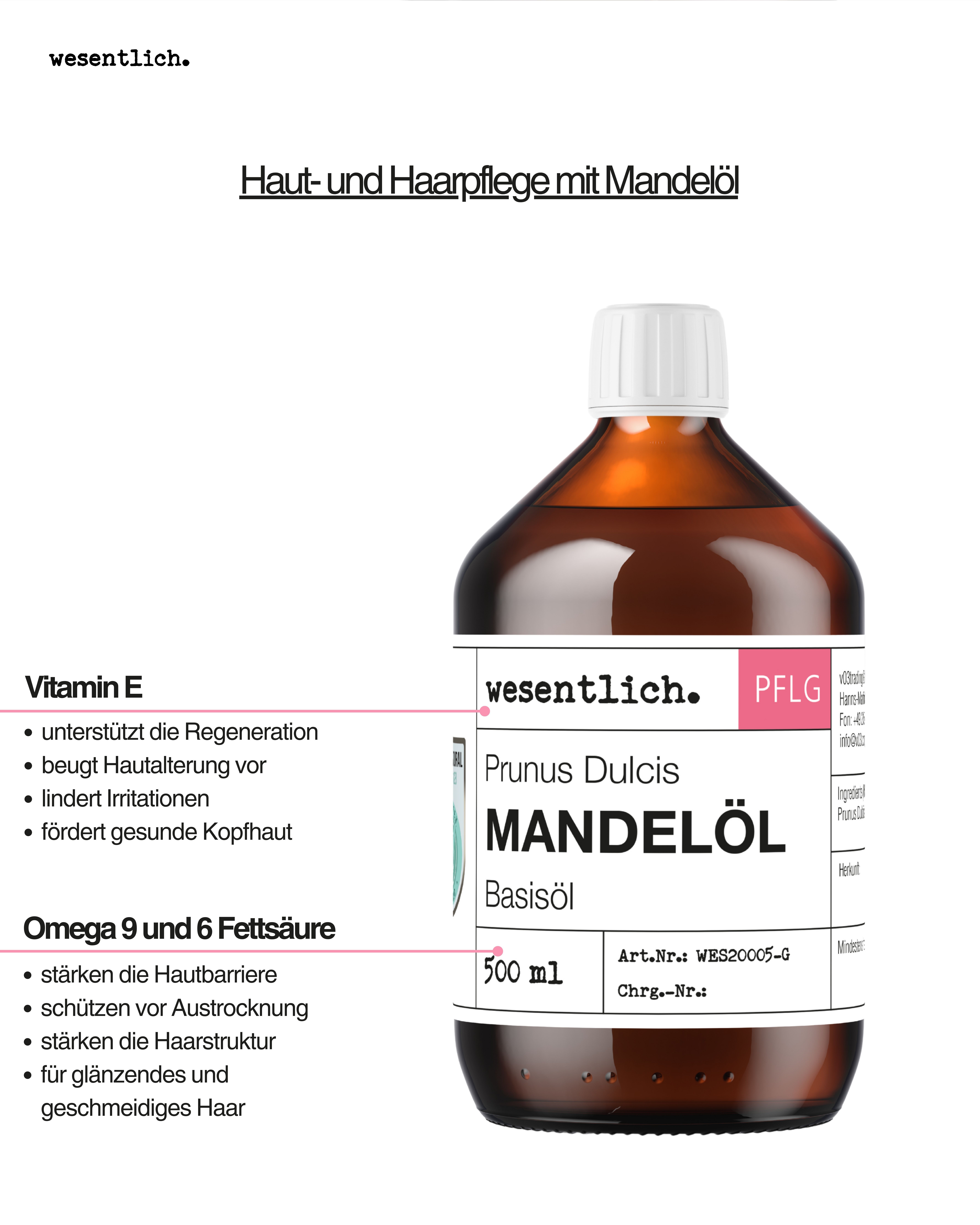 Flasche Mandelöl Basisöl, daneben Text über Vitamin E, Omega 9 und Fettsäuren für Haut- und Haarpflege.