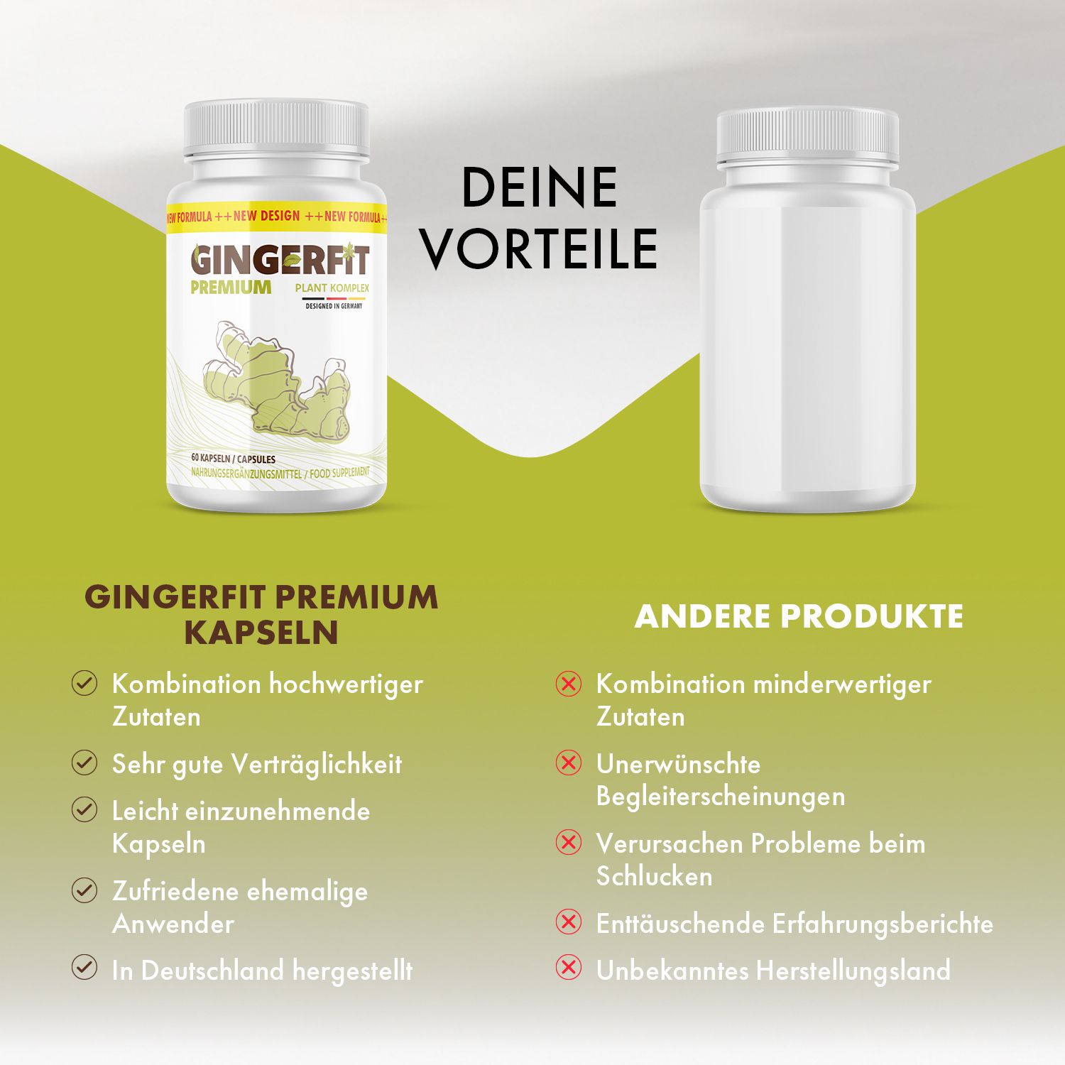 Vergleich von GINGERFIT PREMIUM Kapseln und einem anderen Produkt. Aufschrift: GINGERFIT PREMIUM Kapseln. Vorteile vs. Nachteile.