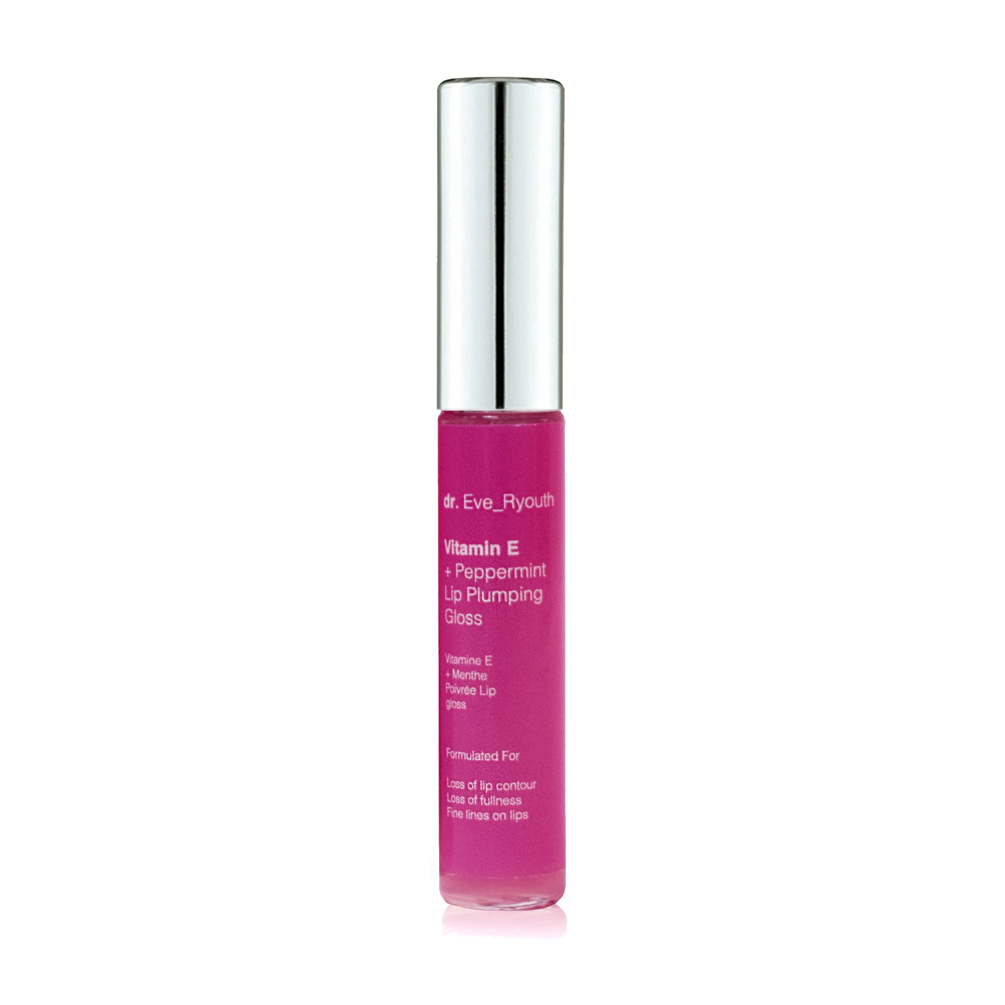 Rosa Lippenaufblähung mit silberner Kappe. Aufschrift: Dr. Eve_Ryouth, Vitamin E + Pfefferminz Lip Plumping Gloss.