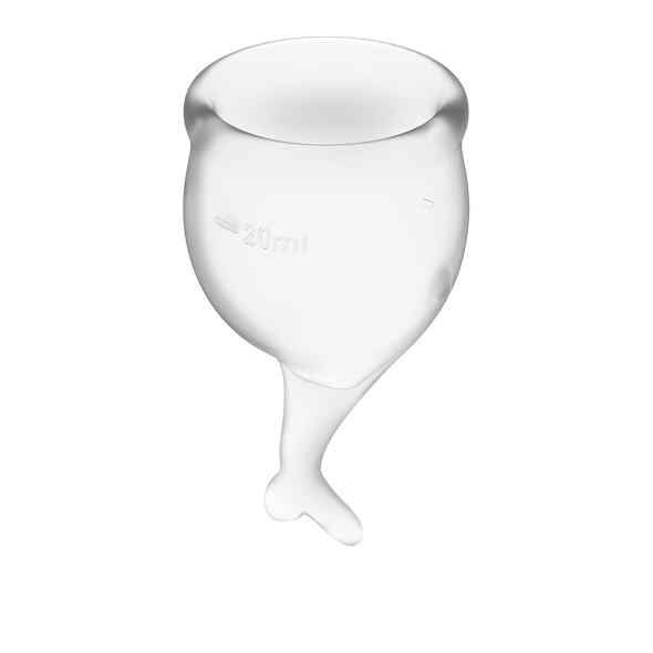 Transparente Menstruationstasse mit Stiel. Sichtbare Volumenmarkierung: 20ml. Material: Silikon. Form: Glockenförmig mit Stiel.