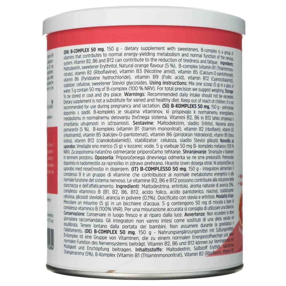 B-COMPLEX 50 mg 150 g Nahrungsergänzungsmittel mit Süßungsmitteln. Enthält B-Vitamine.
