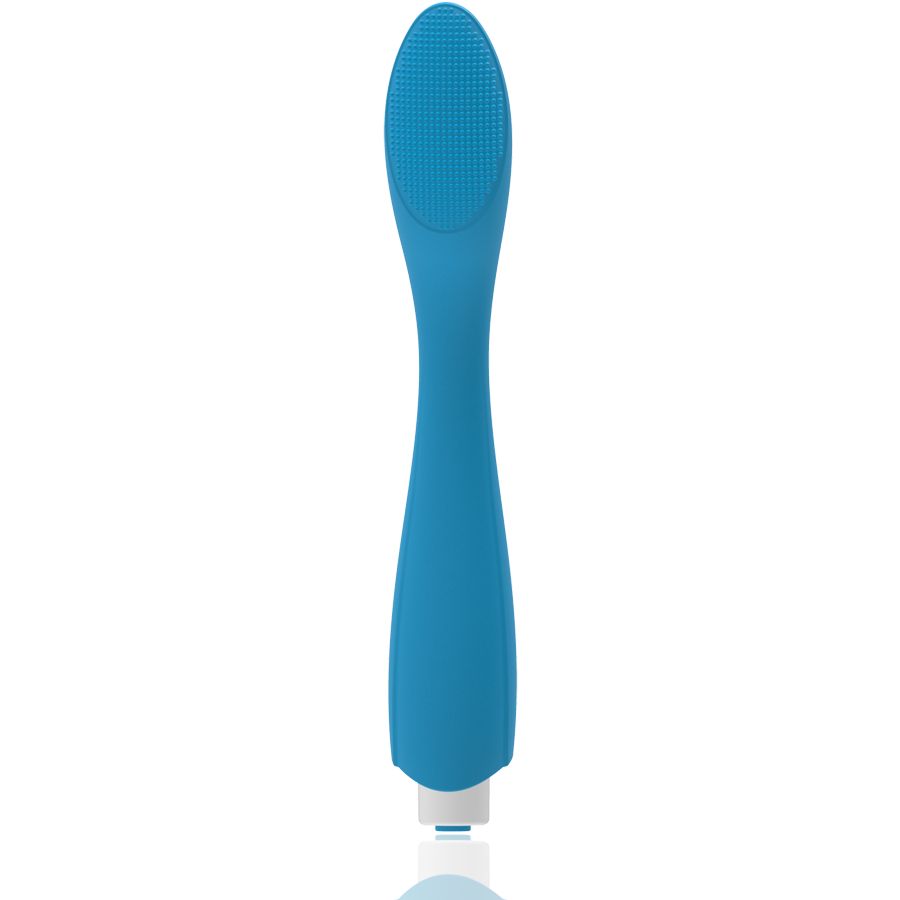Blauer Vibrator mit ovalem Kopf und geriffelter Oberfläche. Weißer Sockel. Vertikale Ansicht.